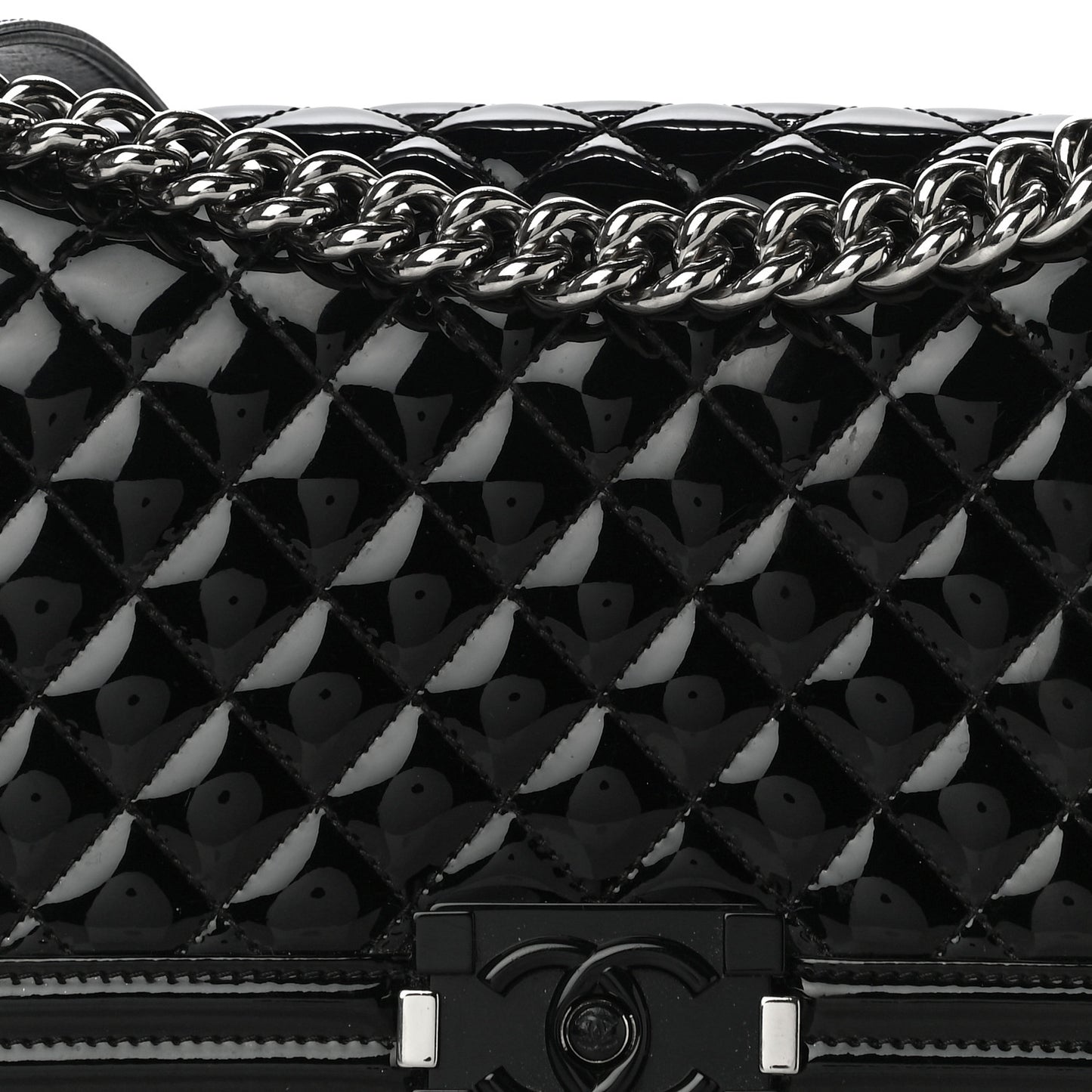 Patent Calfskin Quilted Medium Plexiglass Boy Flap Black