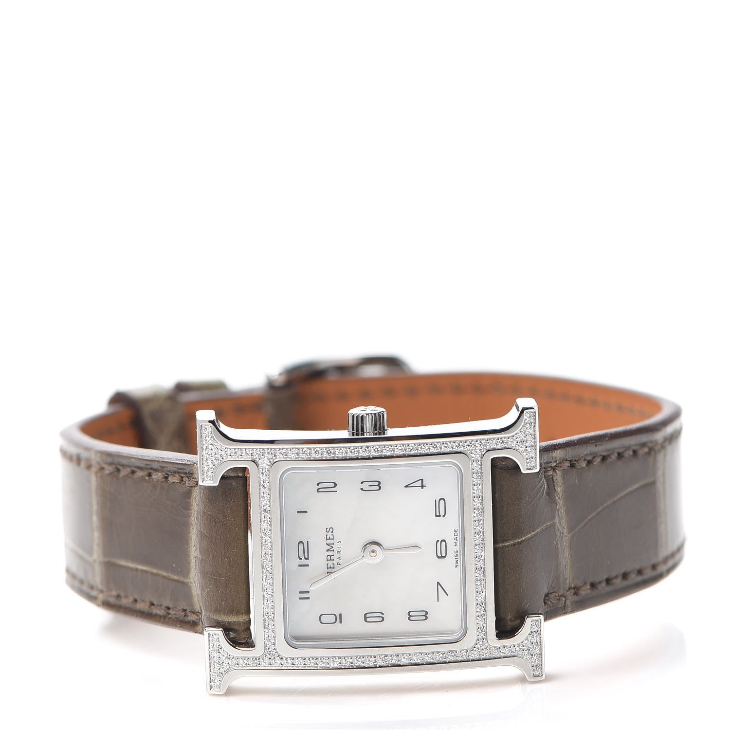 Hermes Stainless Steel Alligator Diamond Bezel Mother of Pearl 21mm Heure H Hour Quartz Watch Gris Elephant 2 of 5