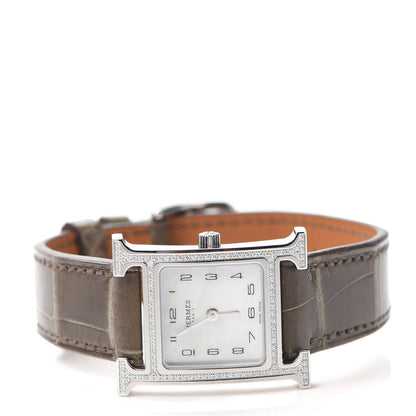 Hermes Stainless Steel Alligator Diamond Bezel Mother of Pearl 21mm Heure H Hour Quartz Watch Gris Elephant 2 of 5
