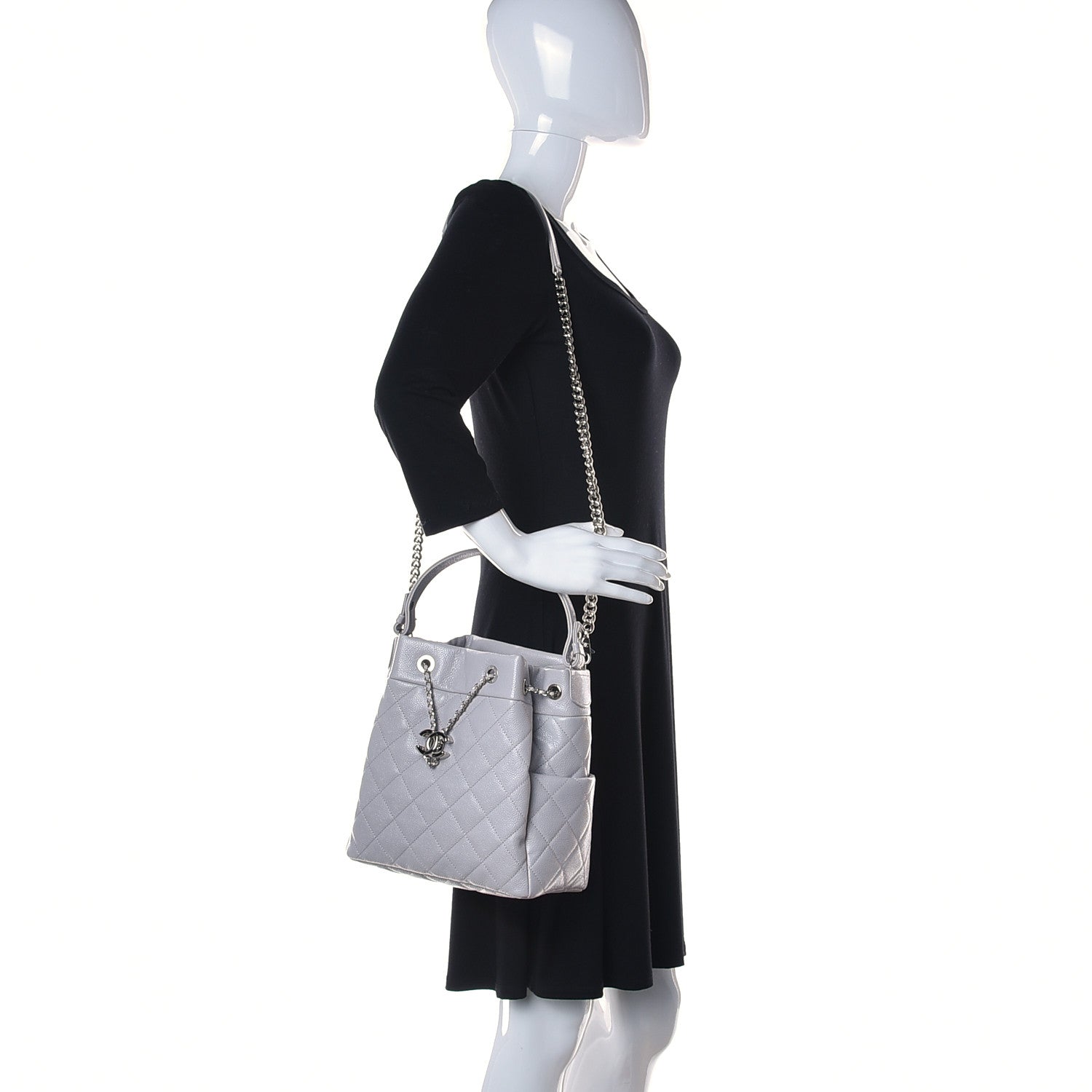 Chanel Caviar Flat Quilted CC Chain Bucket Drawstring Bag Light Grey 2 of 10