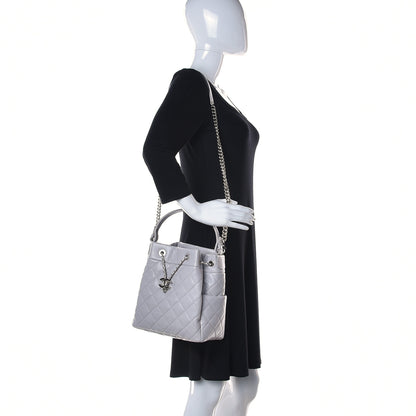 Chanel Caviar Flat Quilted CC Chain Bucket Drawstring Bag Light Grey 2 of 10