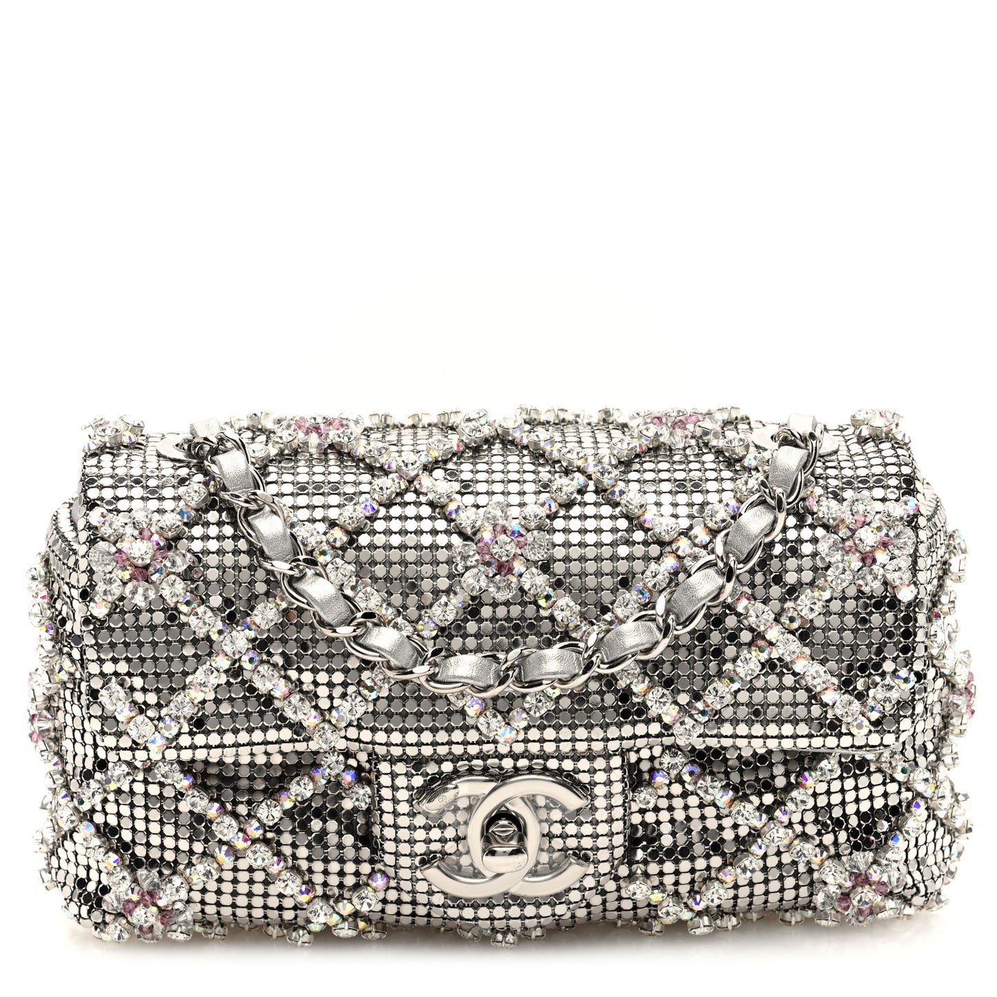 Chain Mail Crystal Quilted Mini Flap Argent