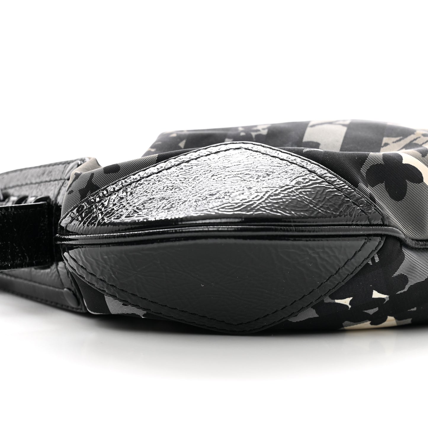 Patent Nylon Beat Check Floral Print Hobo Black