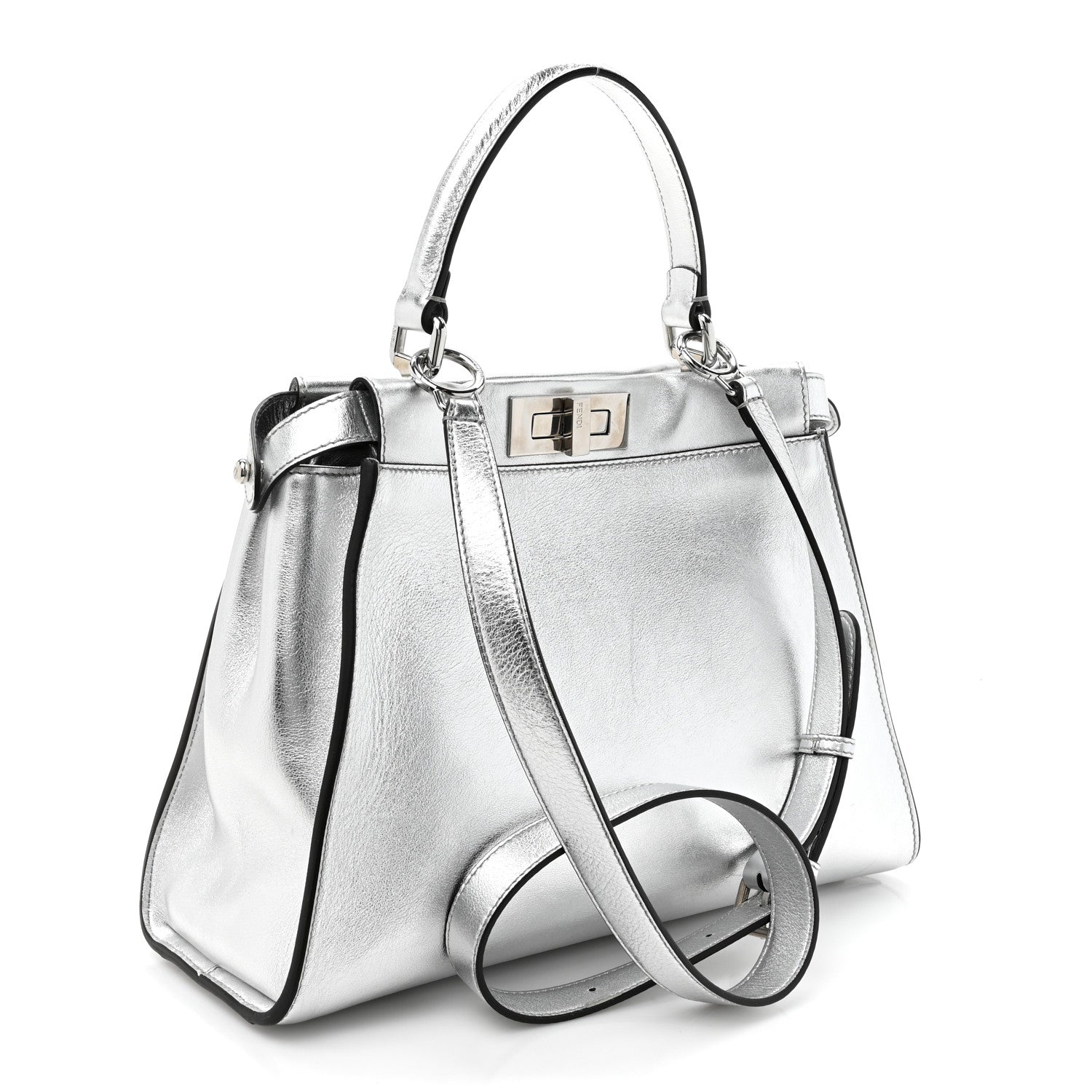 Fendi Vitello Catalan Mirror Medium Peekaboo Iconic Satchel Argento 3 of 17