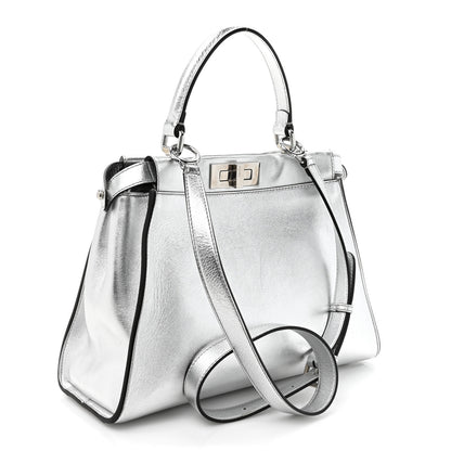 Fendi Vitello Catalan Mirror Medium Peekaboo Iconic Satchel Argento 3 of 17