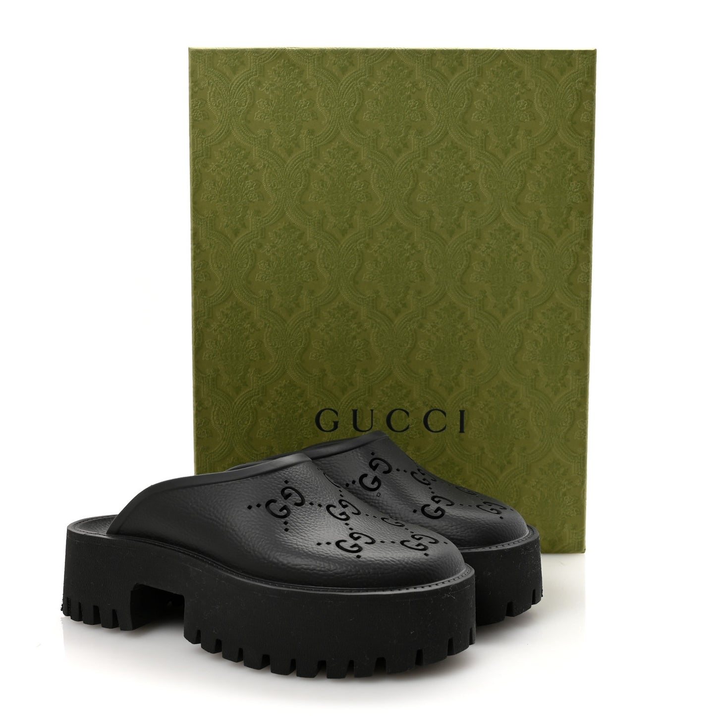 Rubber GG Monogram Perforated Elea Platform 55mm Lug Sole Sandals 38 Black