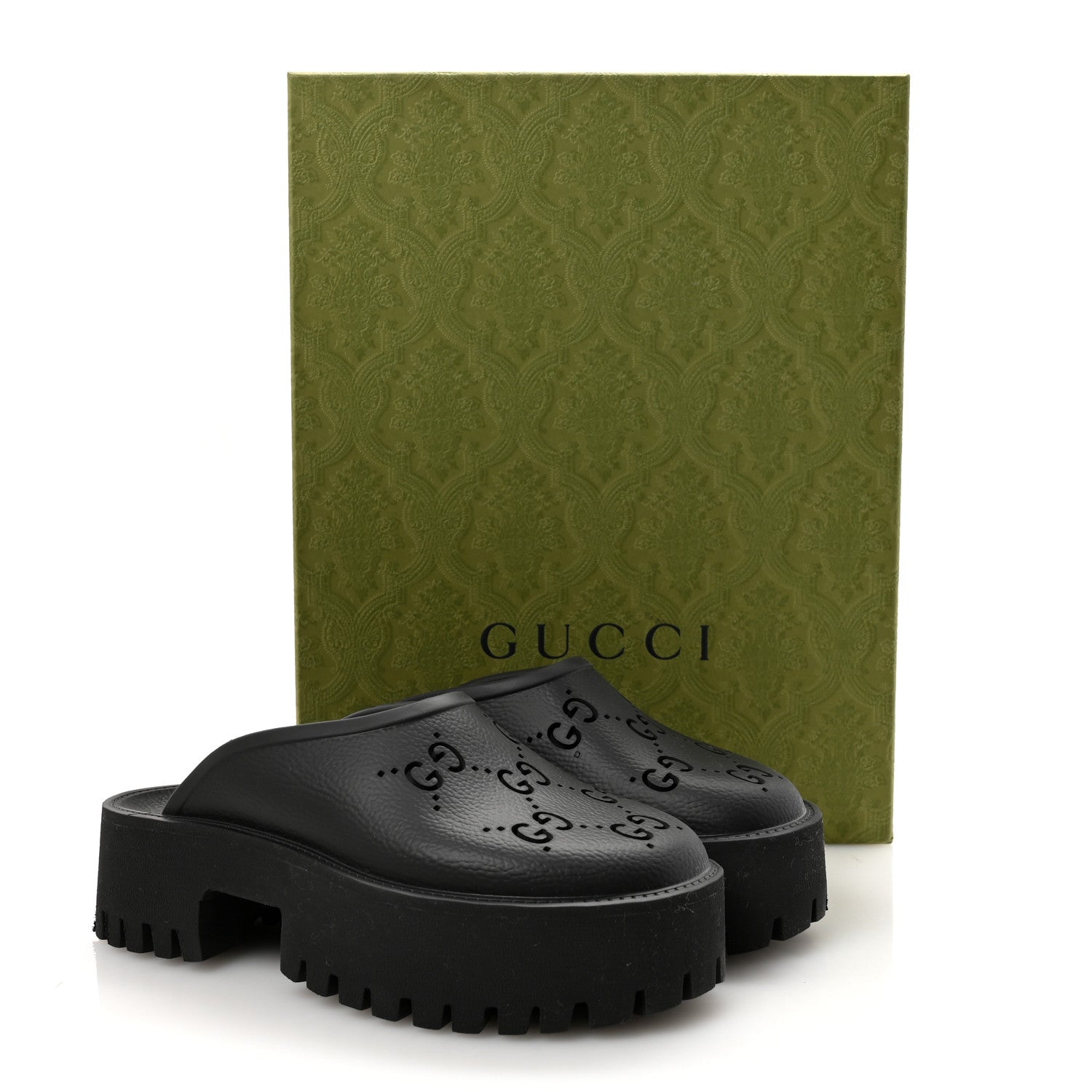 Gucci Rubber GG Monogram Perforated Elea Platform 55mm Lug Sole Sandals 38 Black 9 of 9