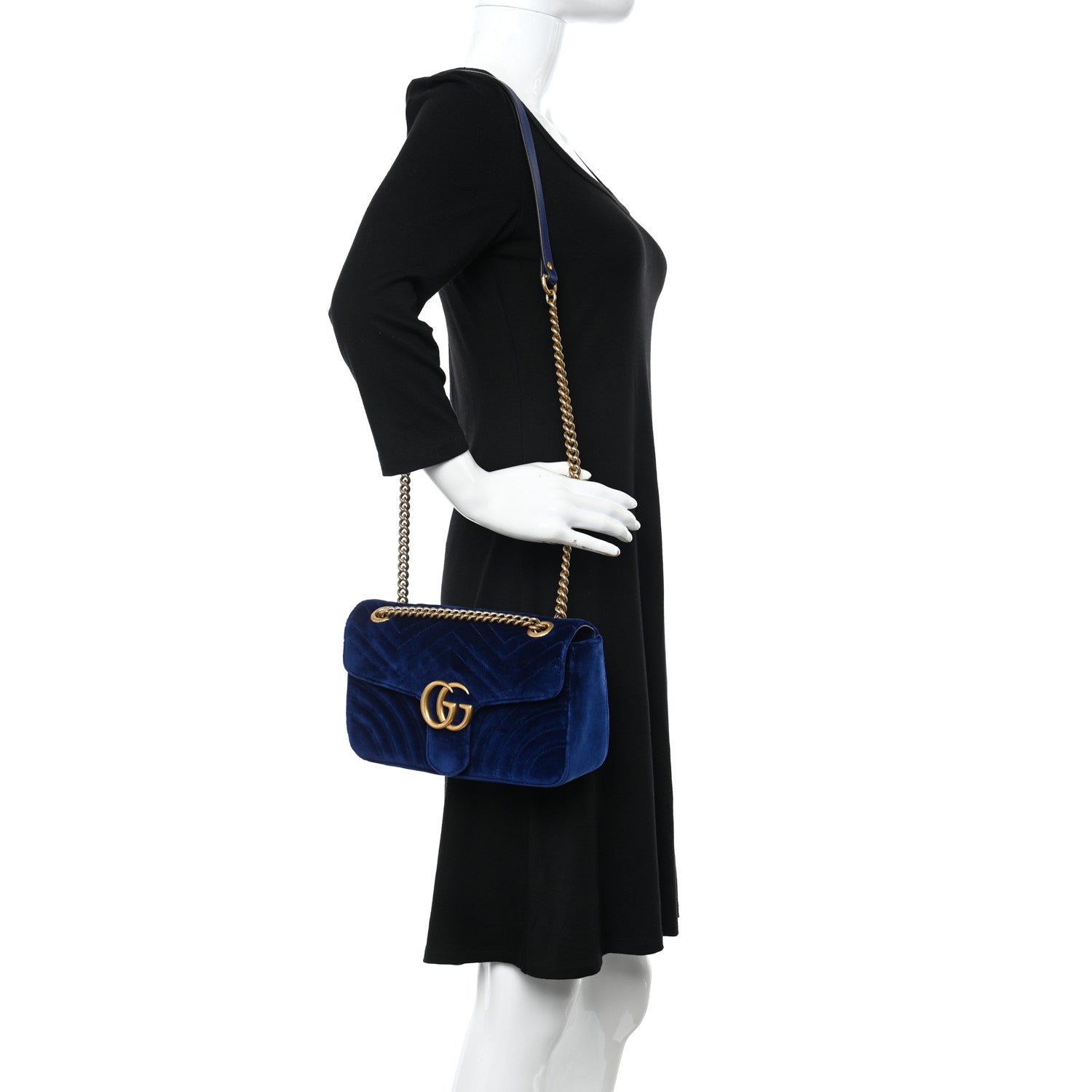 Gucci Velvet Matelasse Small GG Marmont Shoulder Bag Cobalt Blue 2 of 14