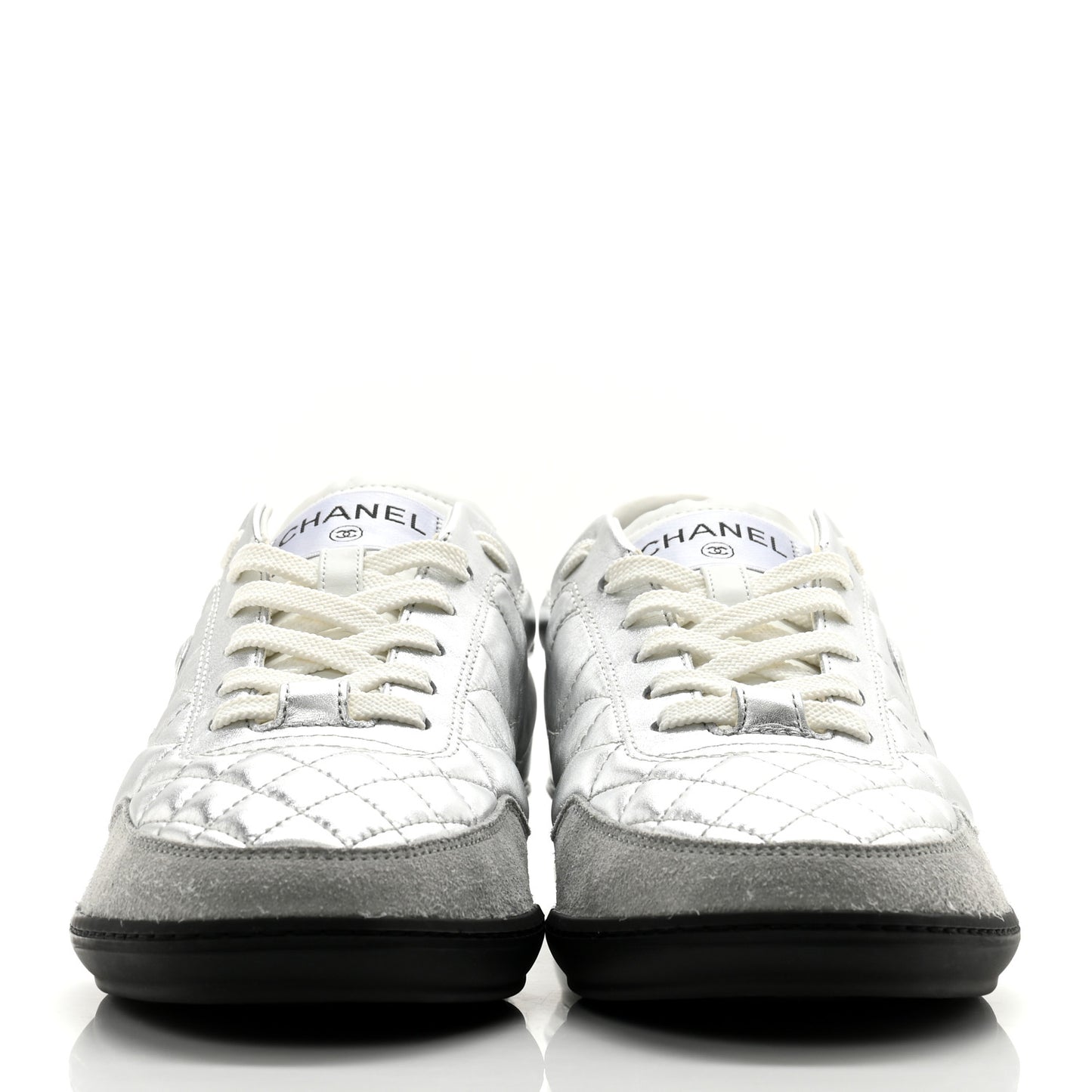 Laminated Calfskin Suede Quilted Womens CC Sneakers 39 Silver White Gray