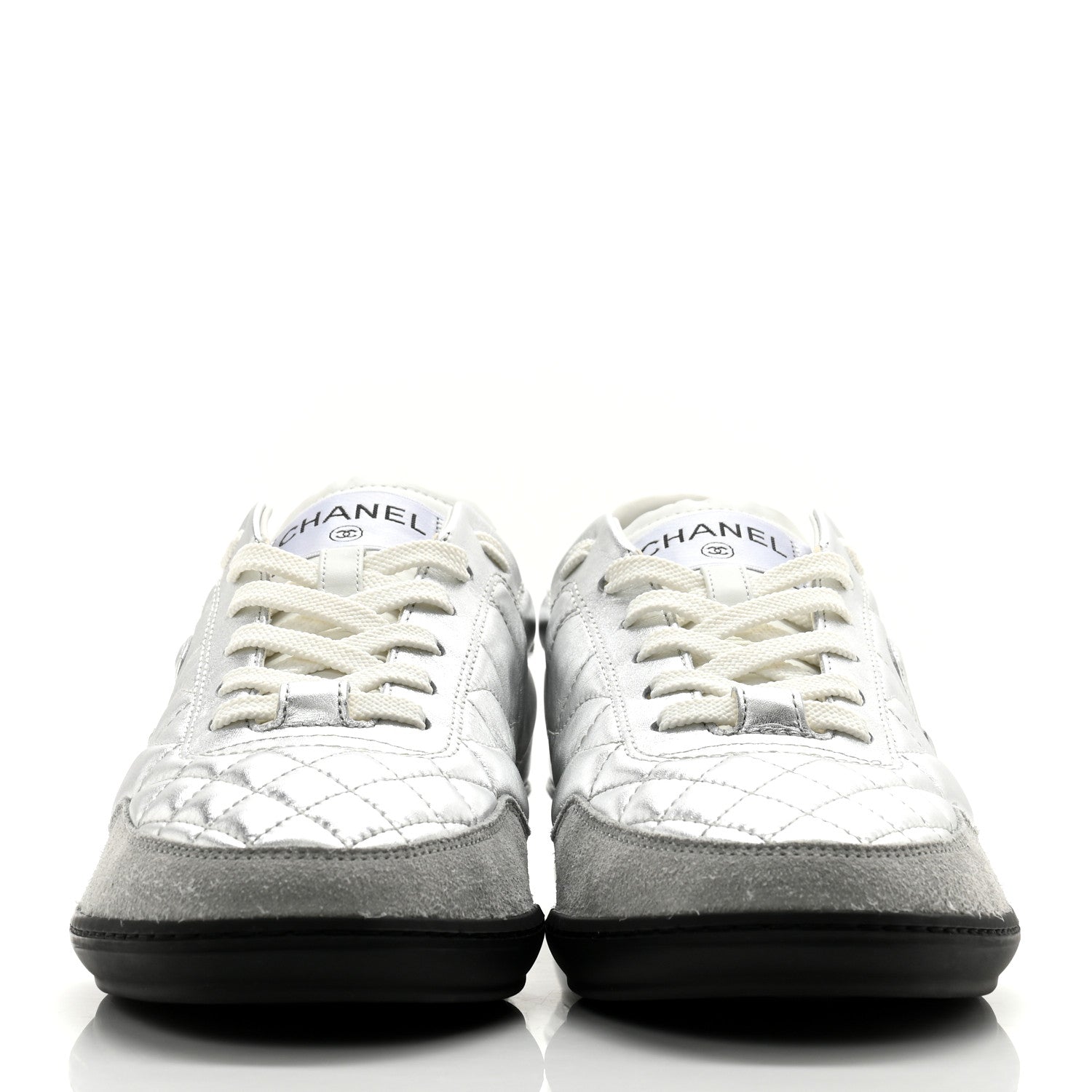 Chanel Laminated Calfskin Suede Quilted Womens CC Sneakers 39 Silver White Gray 2 of 9