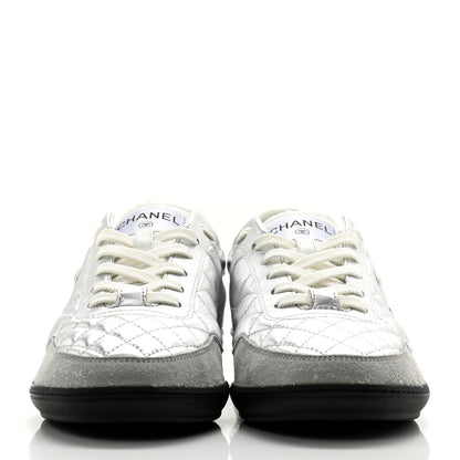 Chanel Laminated Calfskin Suede Quilted Womens CC Sneakers 39 Silver White Gray 2 of 9