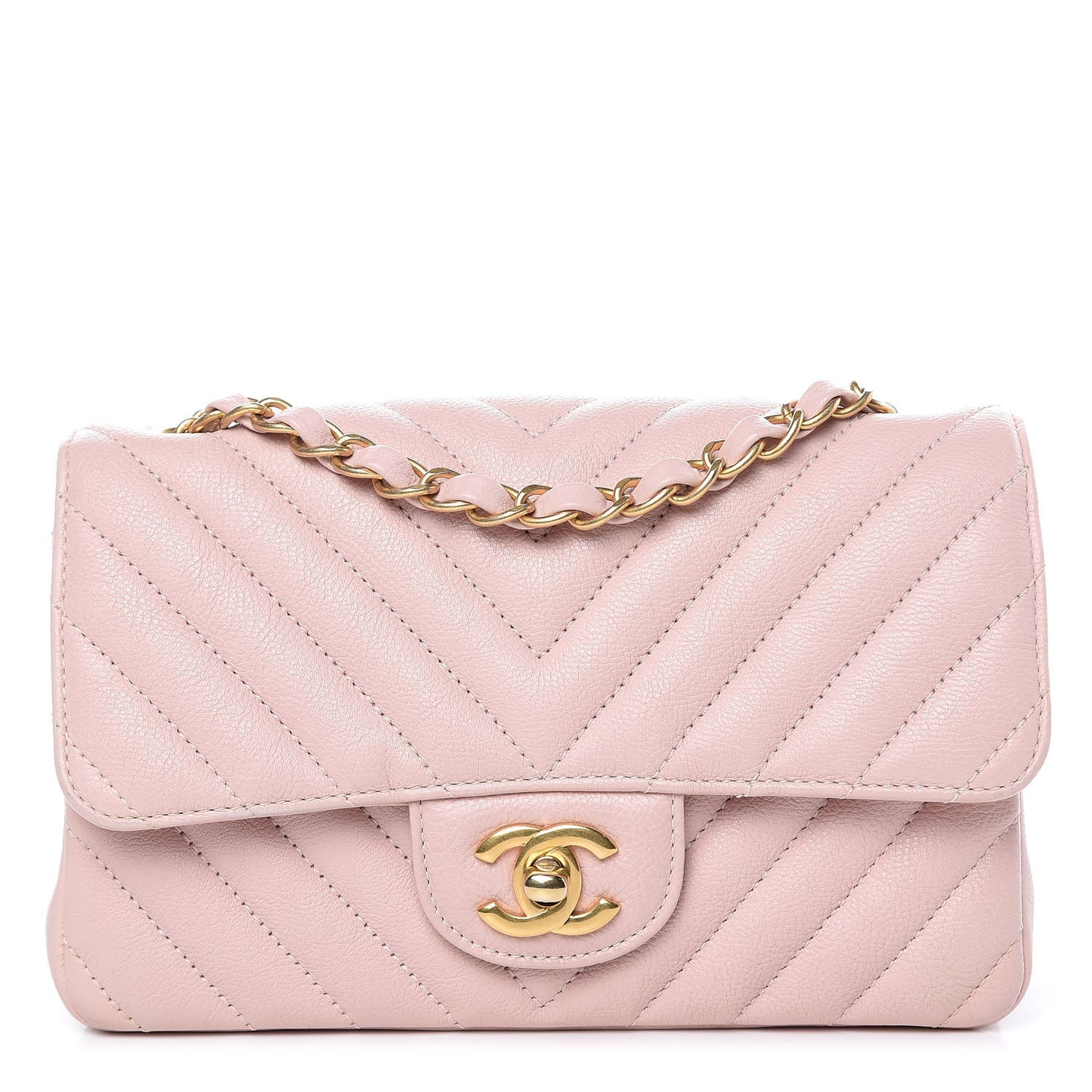 Calfskin Chevron Quilted Mini Rectangular Flap Light Pink