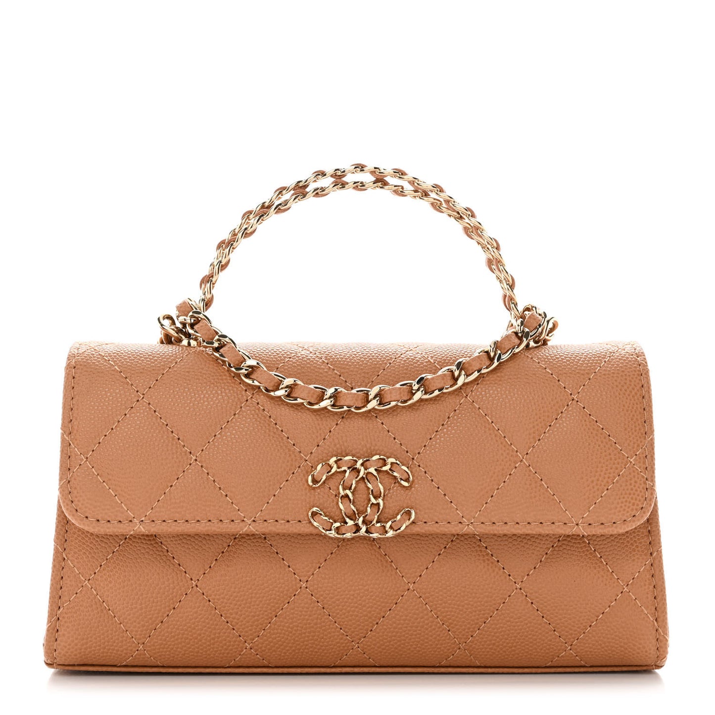 Caviar Quilted Chain Match Top Handle Phone Holder With Chain Beige