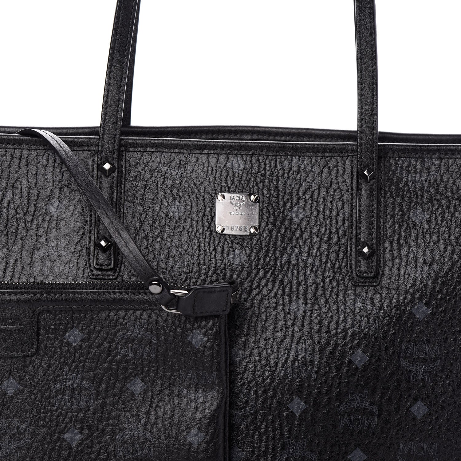 MCM Visetos Medium Anya Zip Top Shopper Tote Black 7 of 9