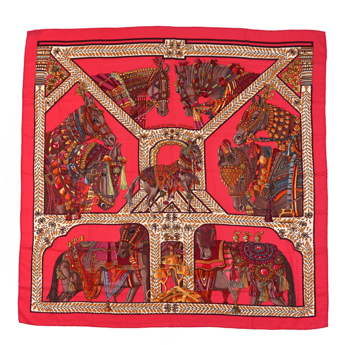 Cashmere Silk La Danse Du Cheval Marwari Shawl 140 Rose Vif Orange Fuchsia