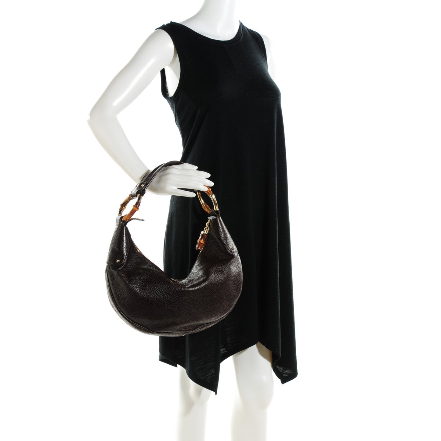 Pebbled Calfskin Half Moon Bamboo Ring Hobo Dark Brown