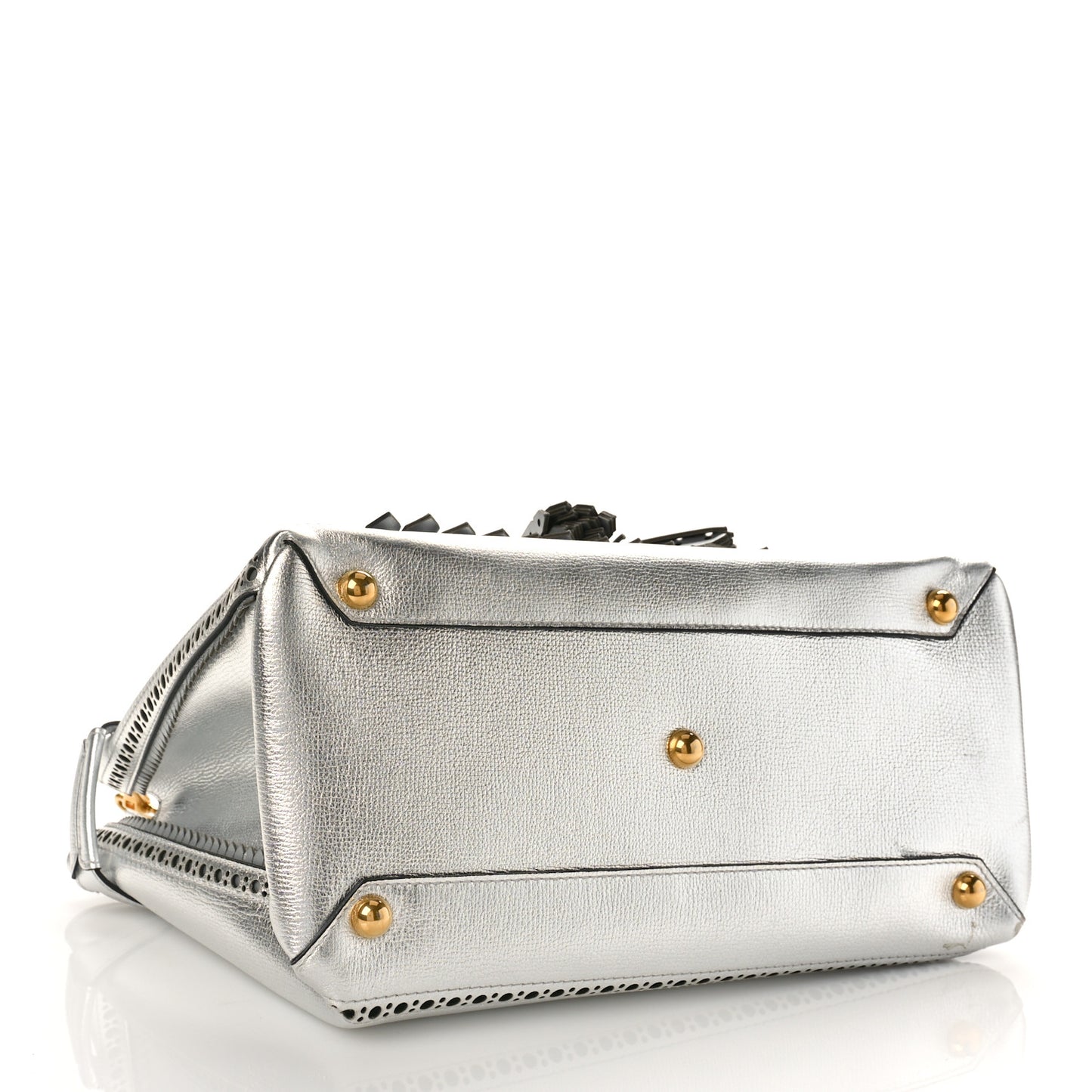 Metallic Calfskin Broguing Medium Banner Tote Silver