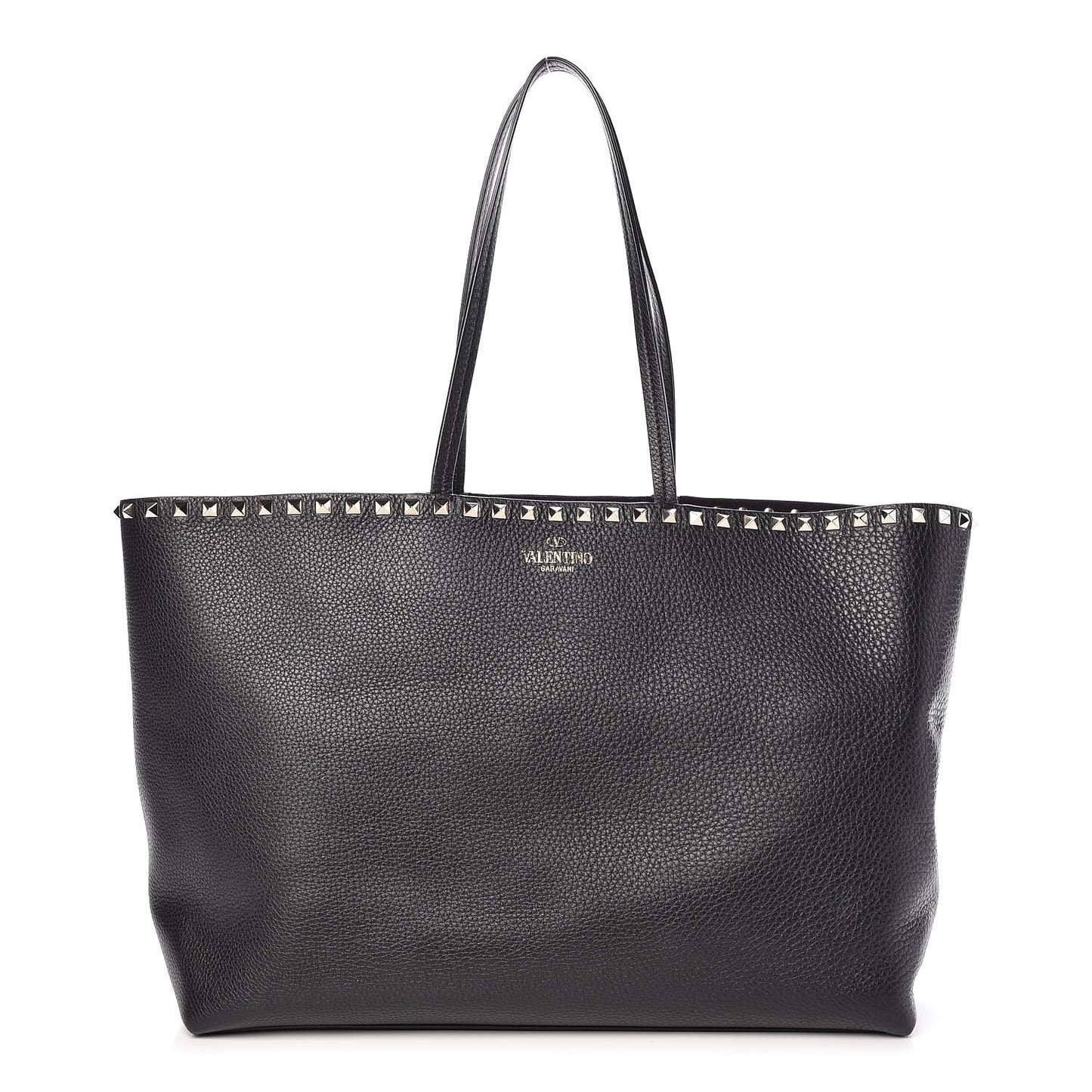 Grained Calfskin Rockstud Shoulder Tote Black