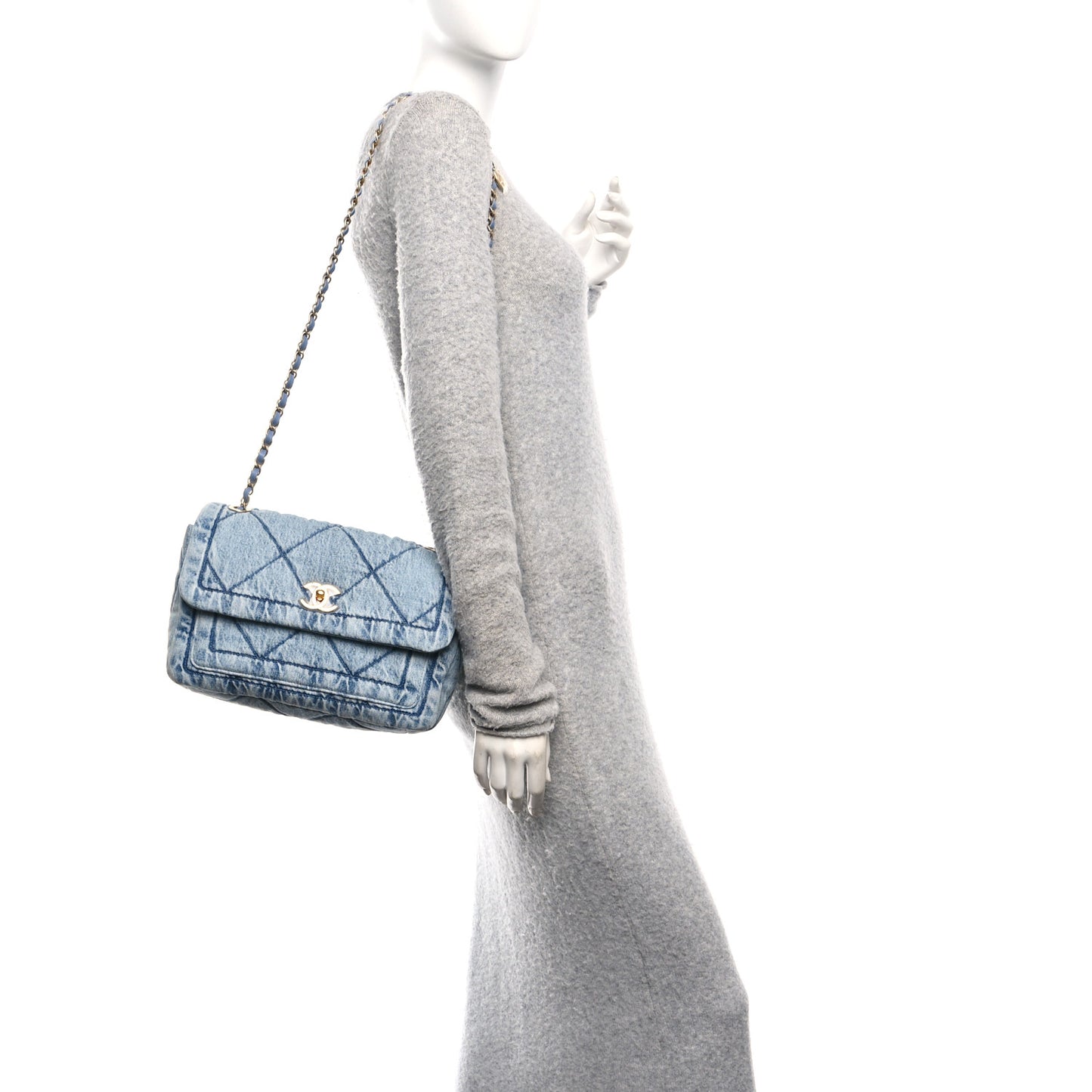 Washed Denim Quilted Large Flap Bag Blue