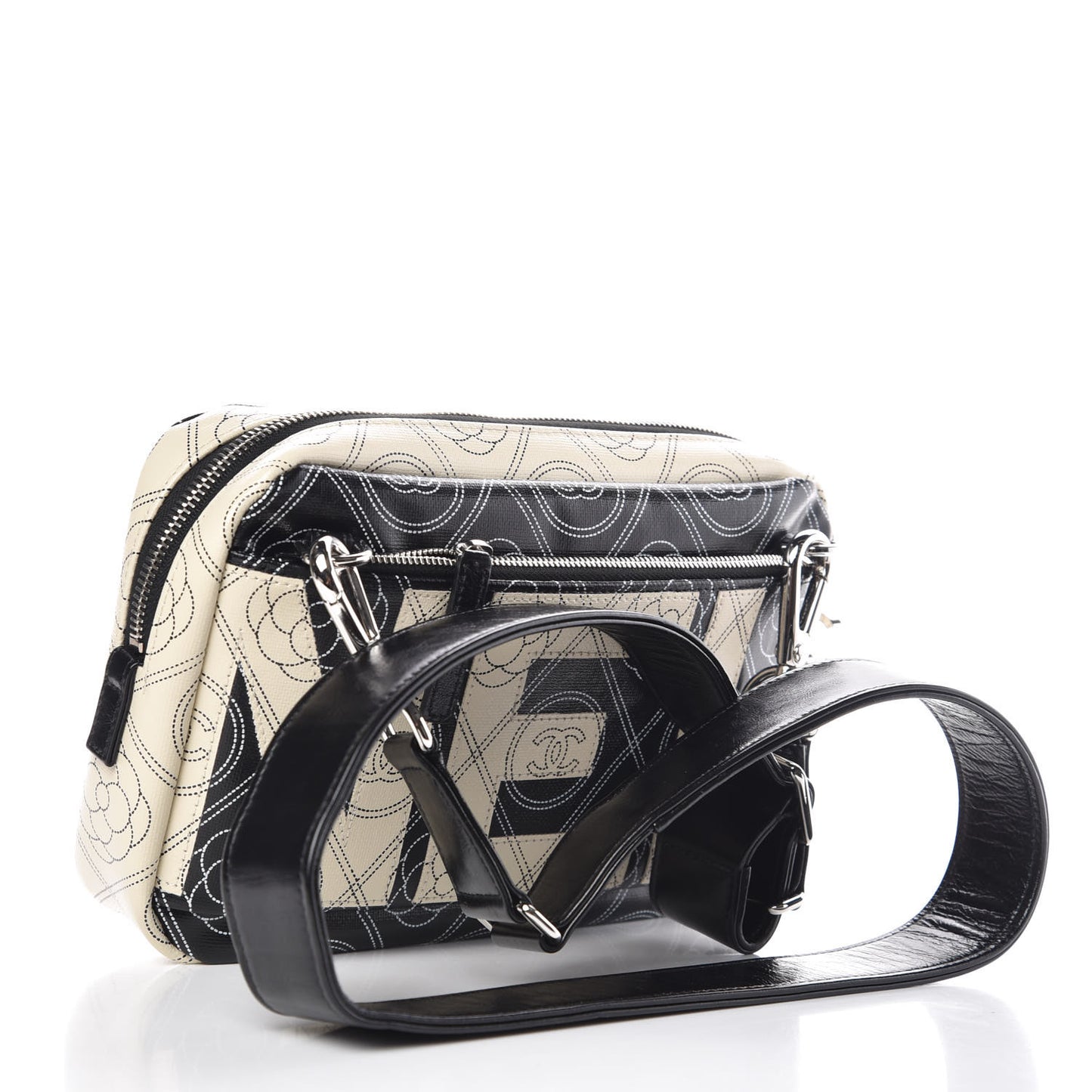 Coated Canvas Calfskin Camellia Printed Camera Case Black Beige