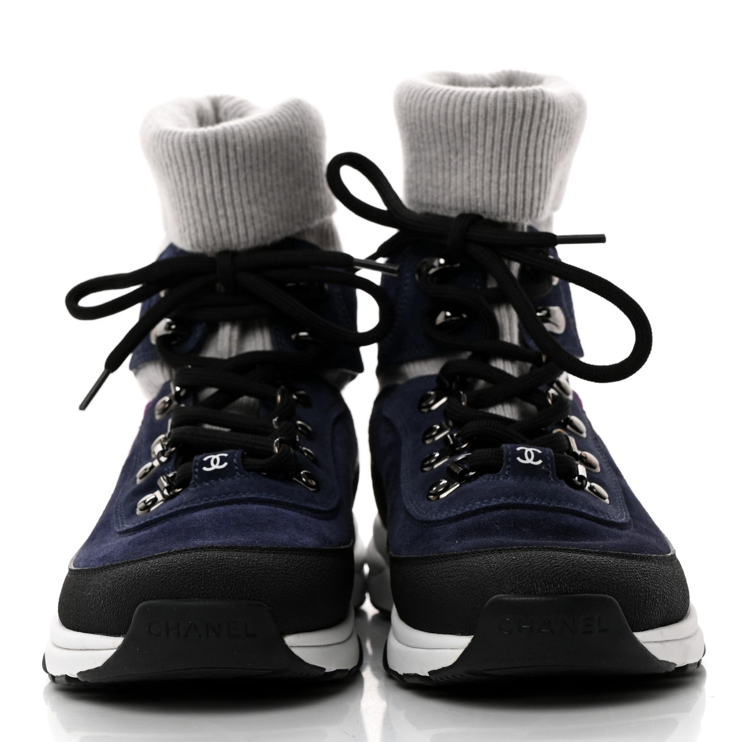Chanel Suede Calfskin Knit CC Sneakers 38 Navy Purple Black Grey 2 of 9