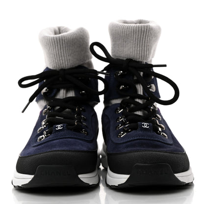 Chanel Suede Calfskin Knit CC Sneakers 38 Navy Purple Black Grey 2 of 9