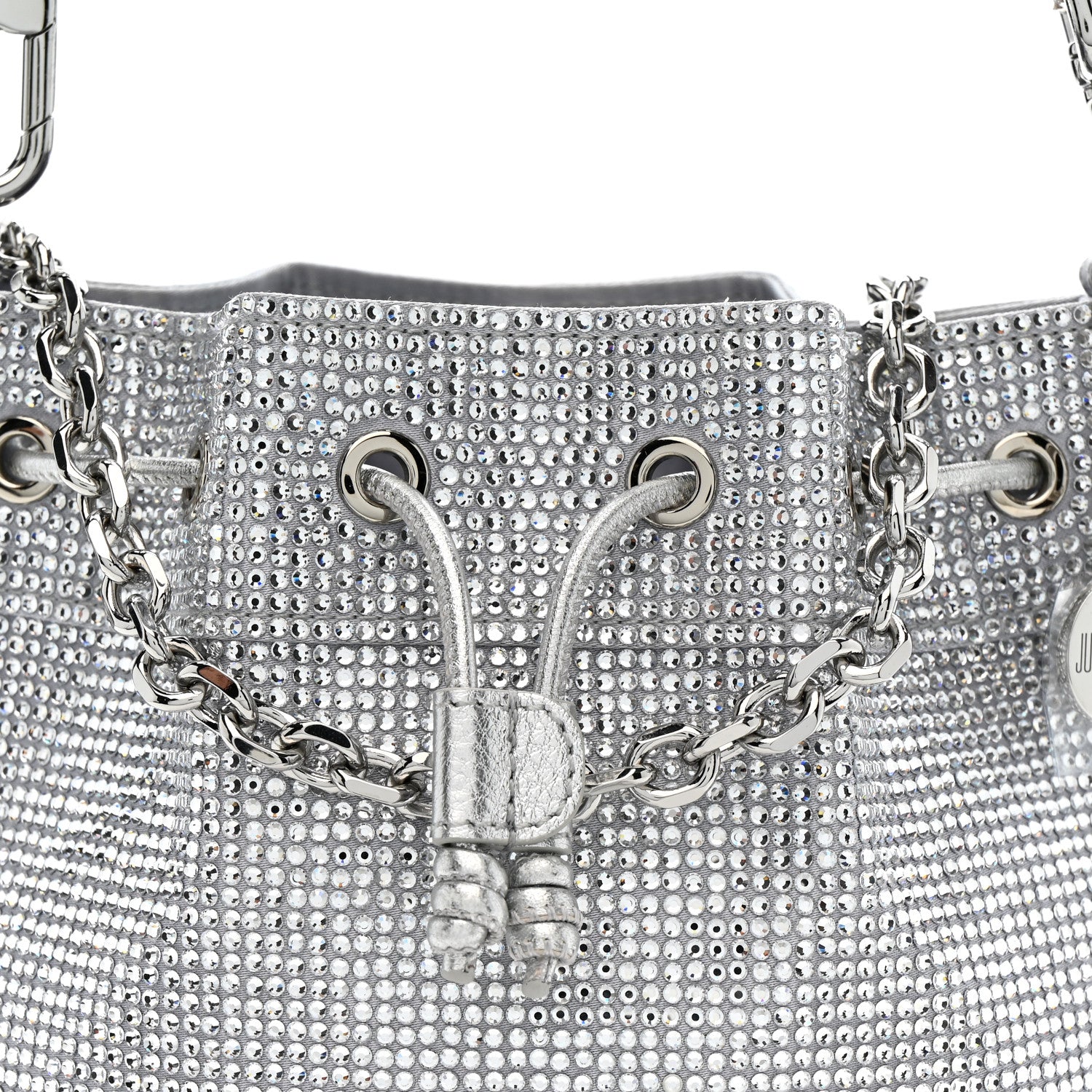 Judith Leiber Satin Crystal Embellished Medium Piper Bucket  Silver Rhine 7 of 9