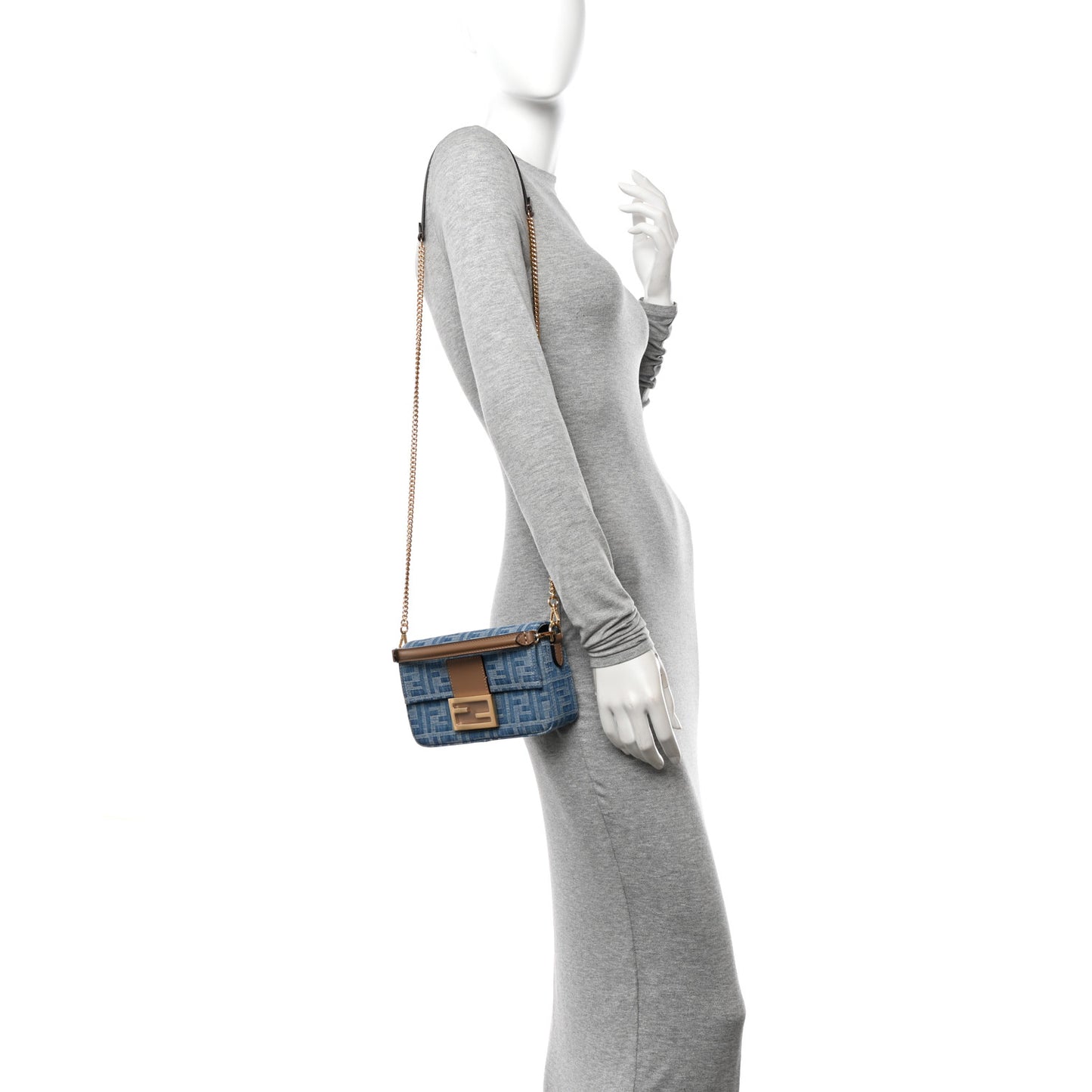Denim Vitello King F is Fendi FF Embroidered Mini Baguette Denim Sand