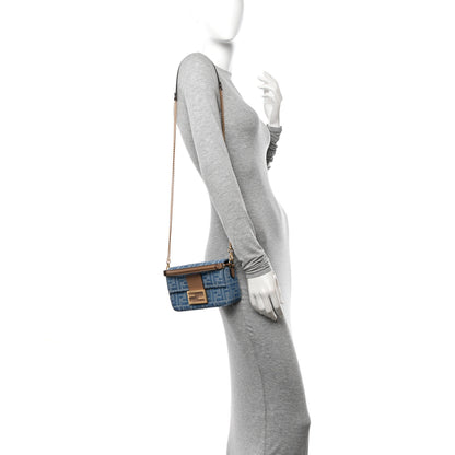 Fendi Denim Vitello King F is Fendi FF Embroidered Mini Baguette Denim Sand 2 of 11