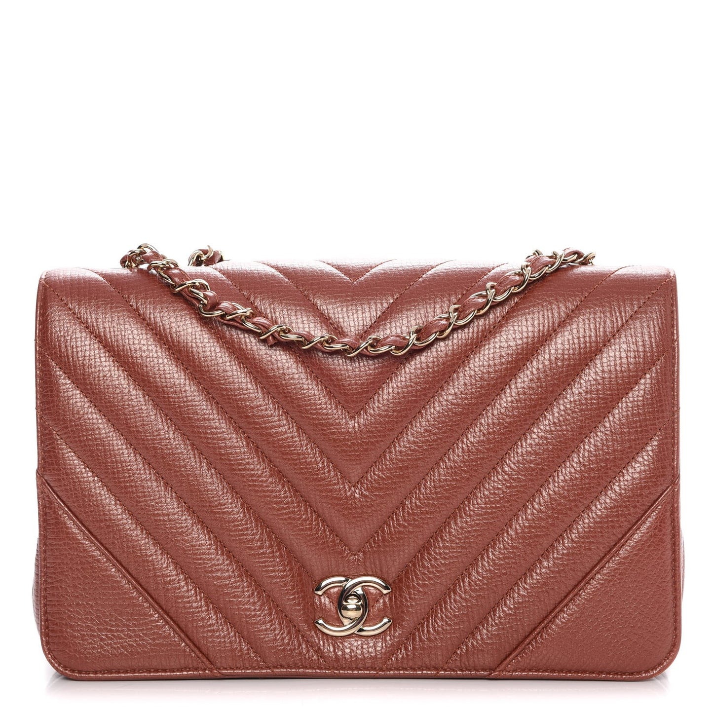 Metallic Calfskin Chevron Quilted Medium Statement Flap Brown