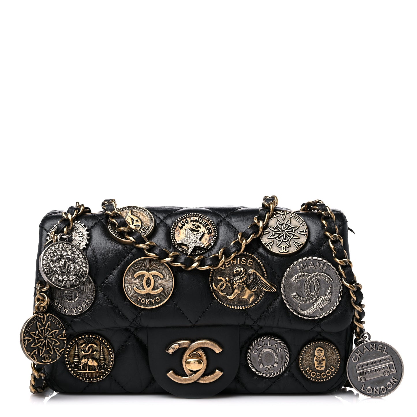 Aged Calfskin Quilted Extra Mini Medallion Flap Black