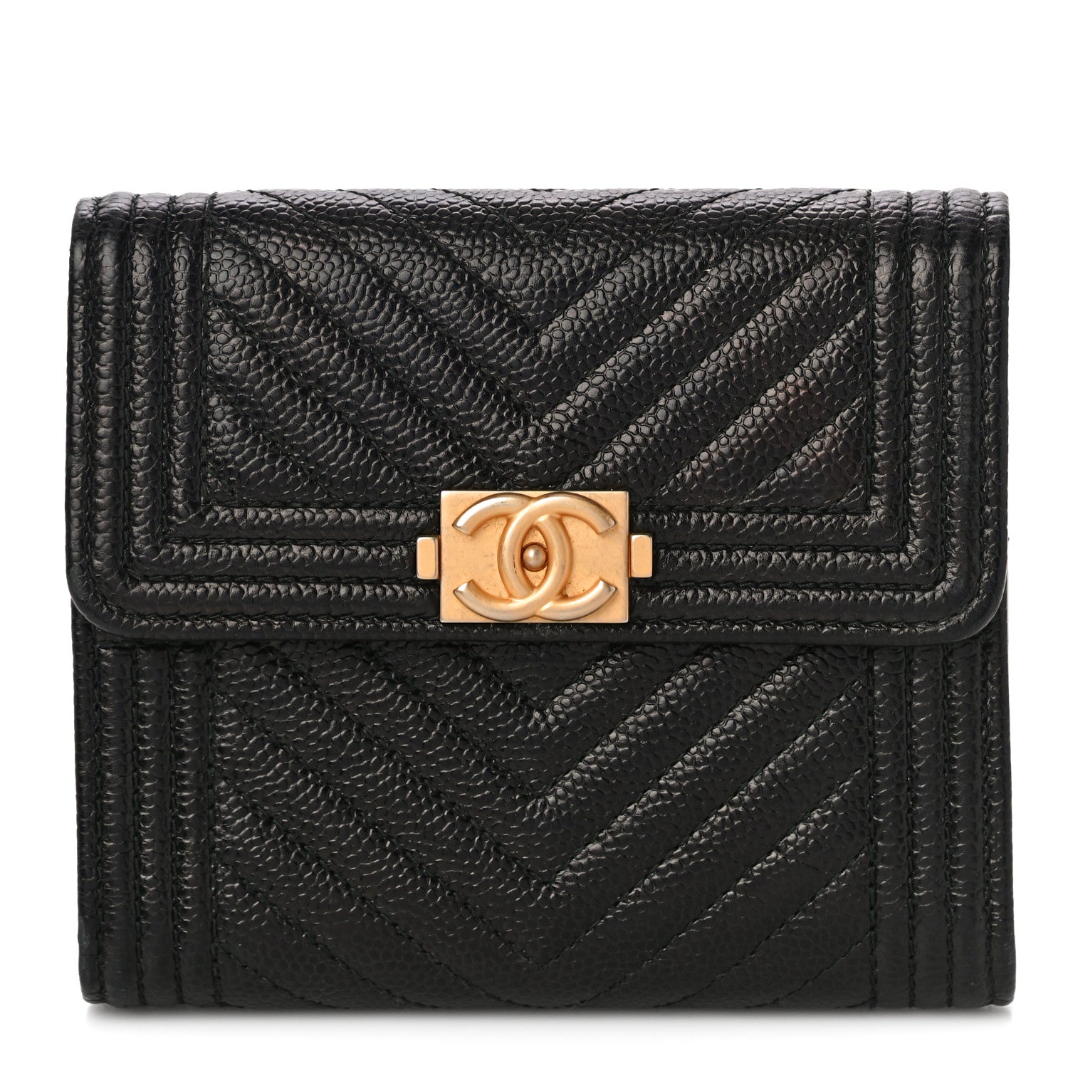 Chanel Caviar Chevron Quilted Boy Compact Wallet Black 1 of 12