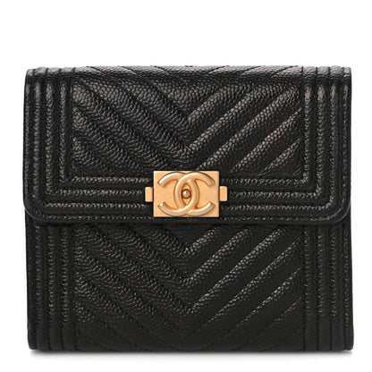 Chanel Caviar Chevron Quilted Boy Compact Wallet Black 1 of 12