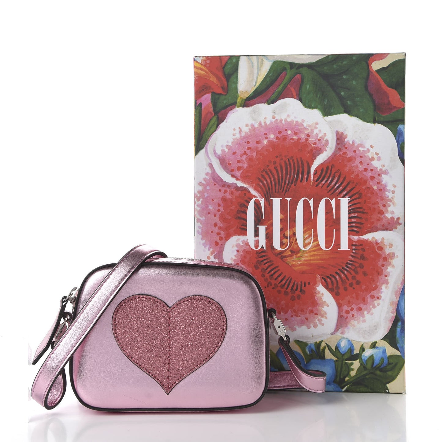 Metallic Calfskin Children's Glitter Heart Messenger Bag Pink