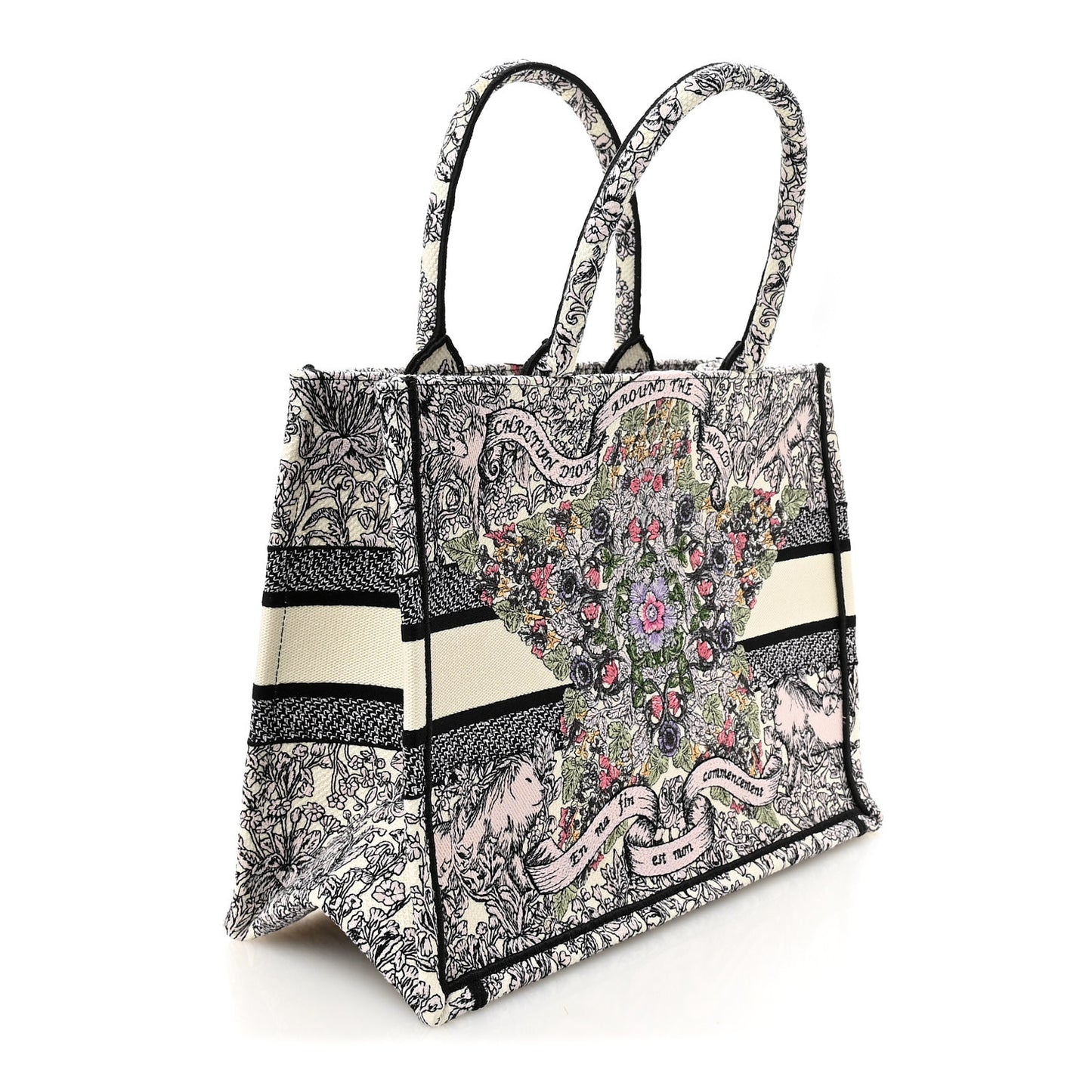 Canvas Embroidered Medium Around The World Book Tote White Multicolor