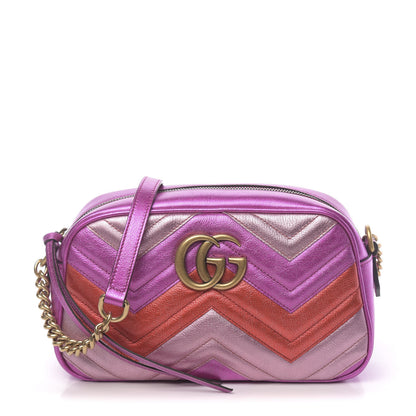 Gucci Laminated Nappa Matelasse Small GG Marmont Chain Shoulder Bag Fuxia Rosso Rosa 1 of 10
