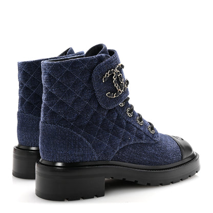 Chanel Shiny Calfskin Velvet Quilted Lace Up Combat Boots 38.5 Blue Black 5 of 9