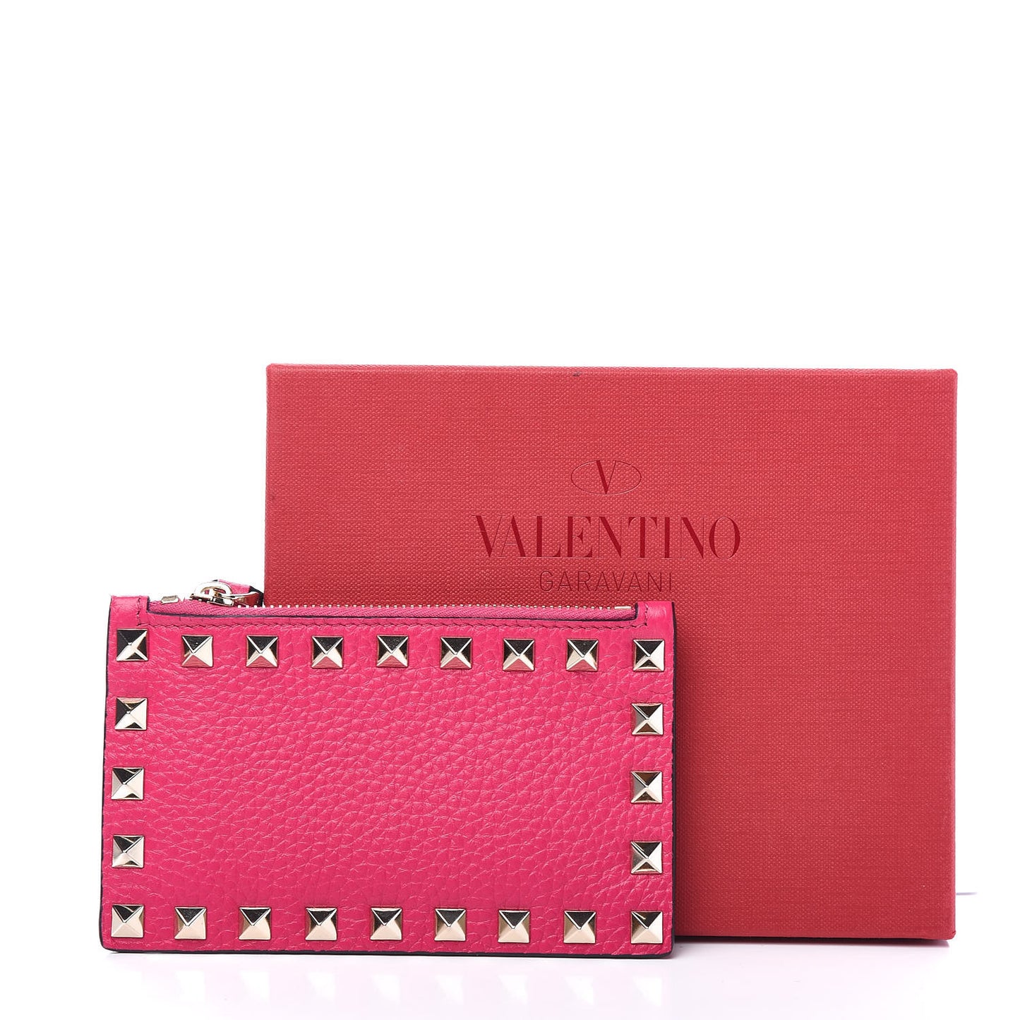 Pebbled Calfskin Rockstud Coin Case Card Holder Disco Pink