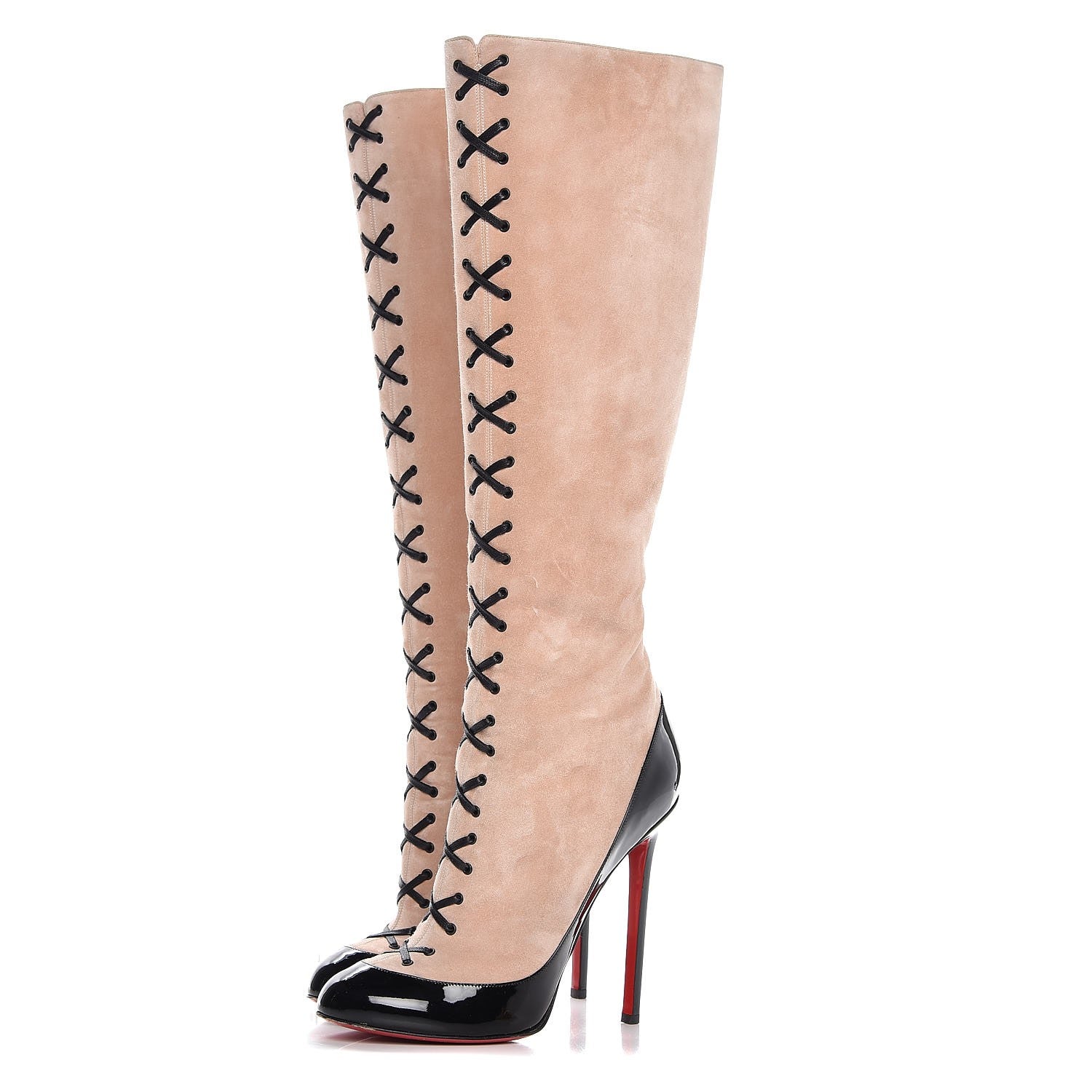 Christian Louboutin Suede Patent Lace Up Knee High Boots 39 Beige Black 3 of 13
