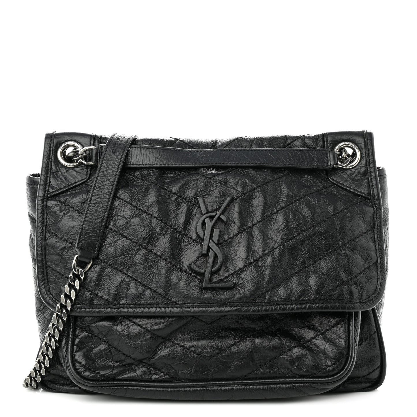 Crinkled Calfskin Matelasse Monogram Large Niki Chain Satchel Black