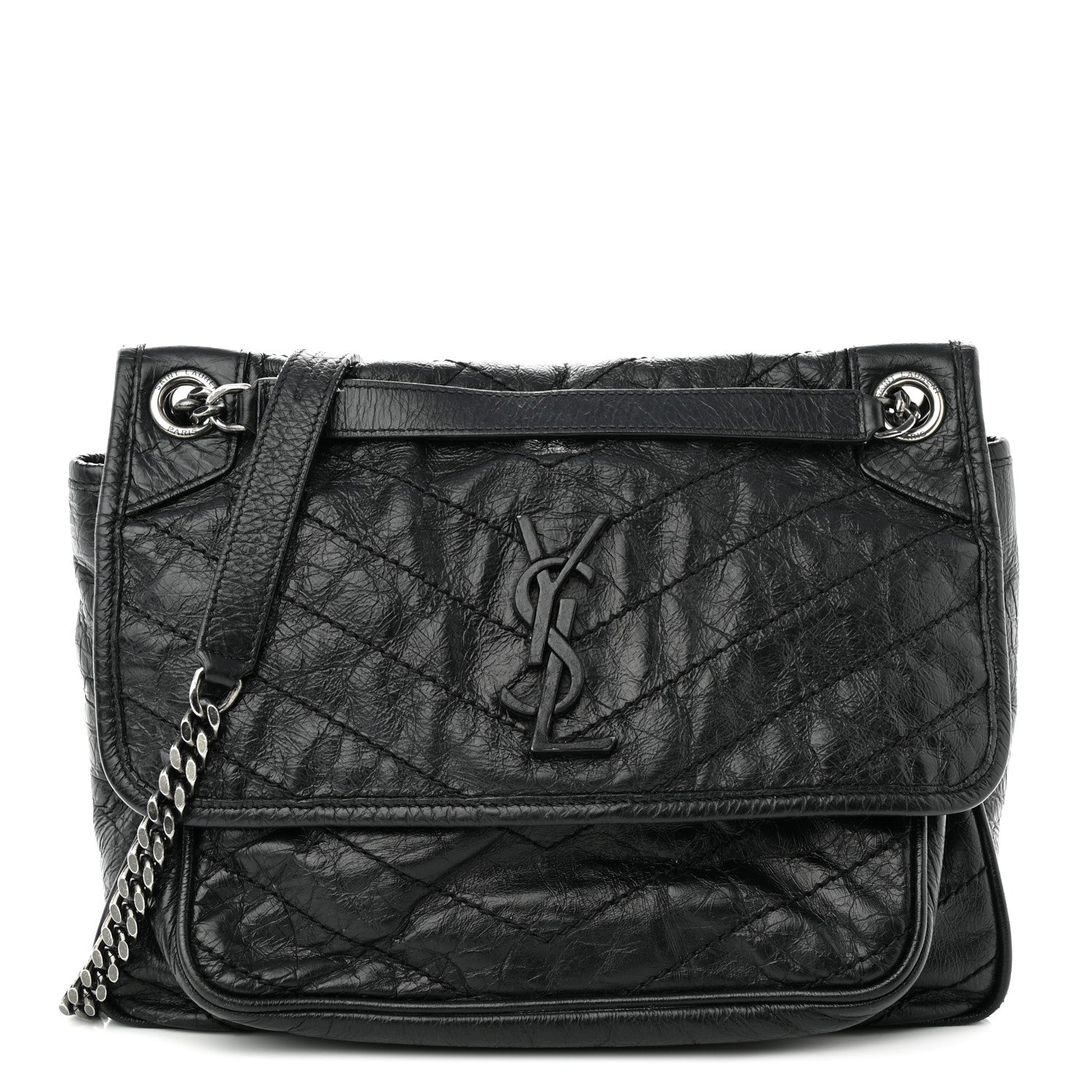 Saint Laurent Crinkled Calfskin Matelasse Monogram Large Niki Chain Satchel Black 1 of 12