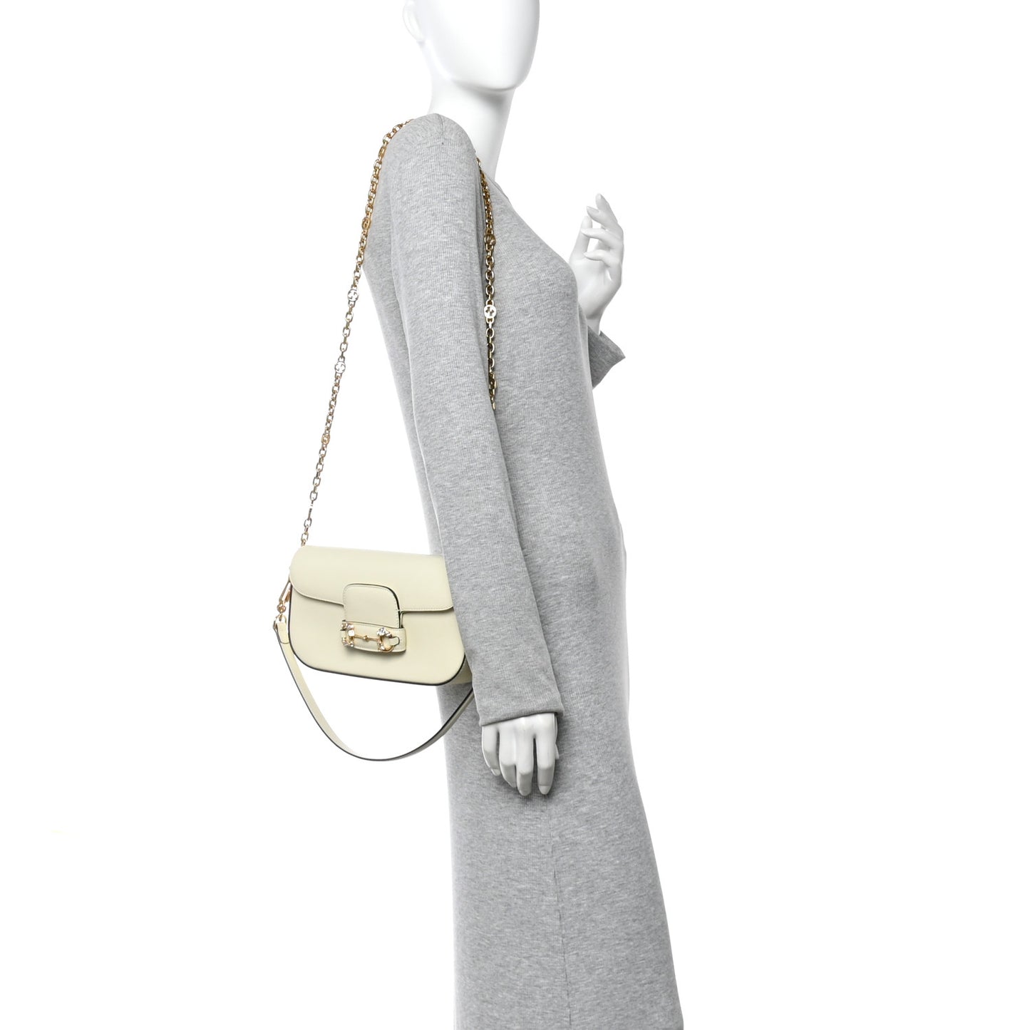 Azalea Calfskin Crystal Small Horsebit 1955 Chain Shoulder Bag White