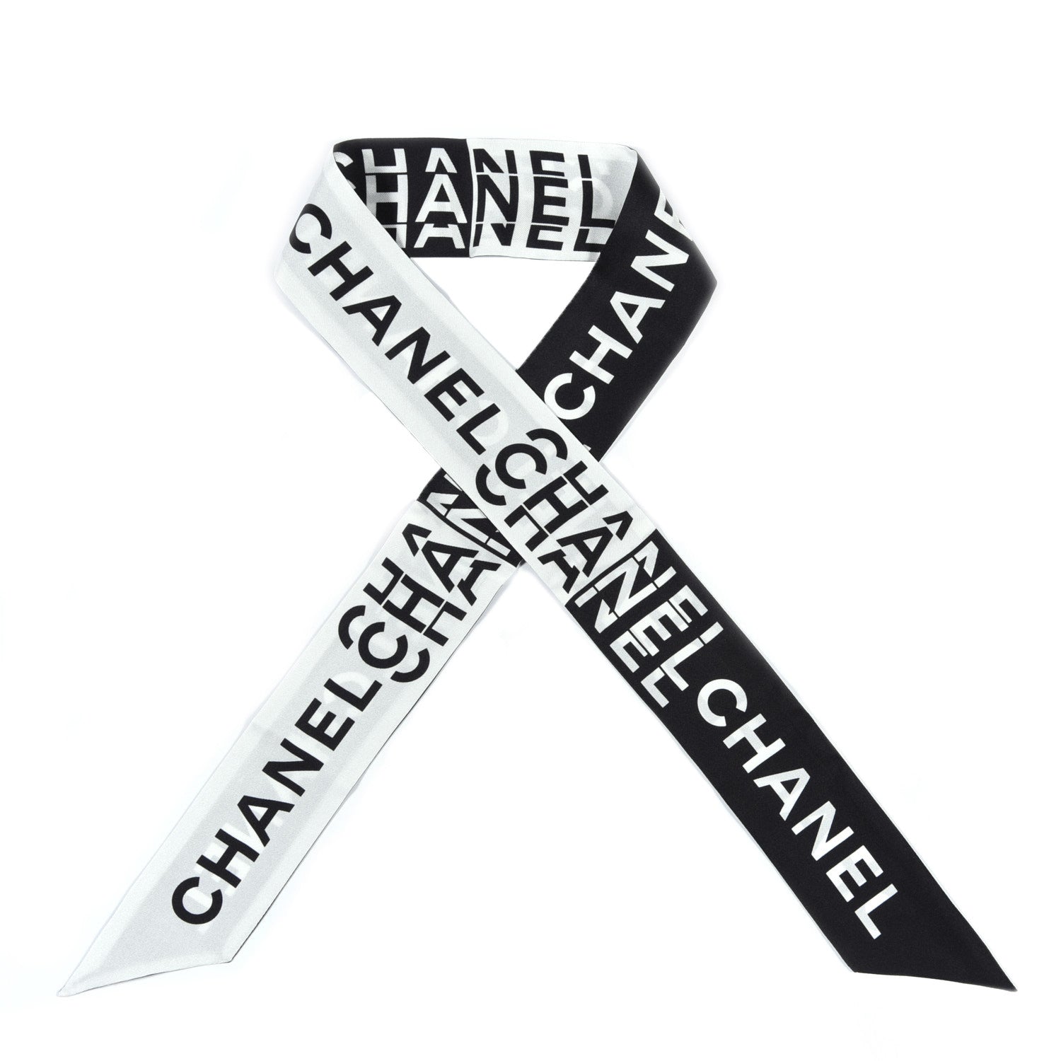 Chanel Silk Logo Slim Bandeau Scarf Black White 1 of 5