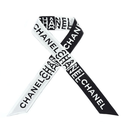 Chanel Silk Logo Slim Bandeau Scarf Black White 1 of 5