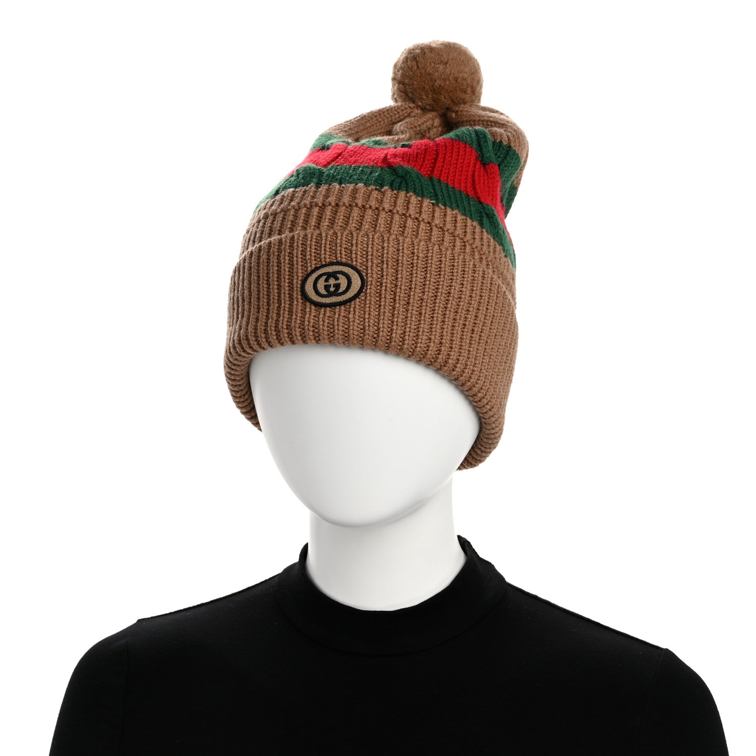 Gucci Wool Web Cable Knit Beanie Hat Camel 2 of 5