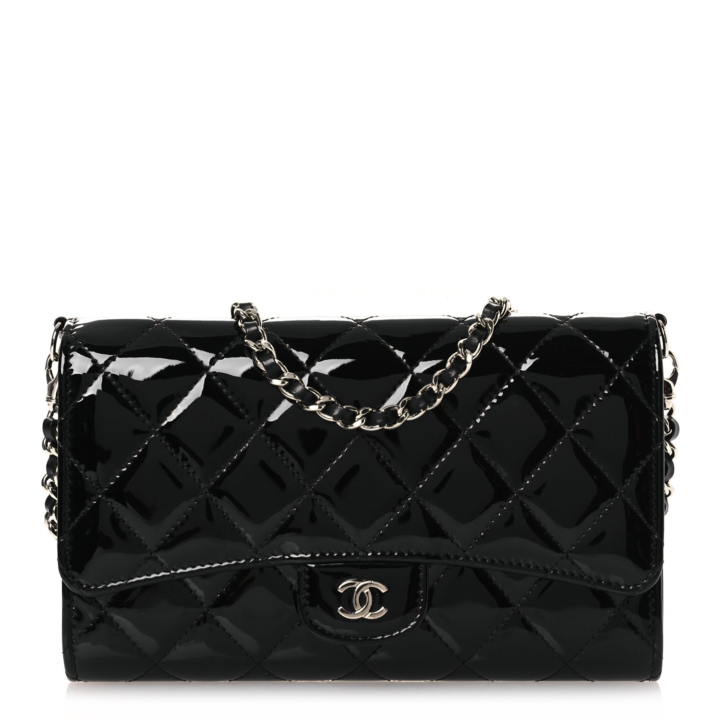 Patent Quilted Wallet On Removable Chain WOC Black