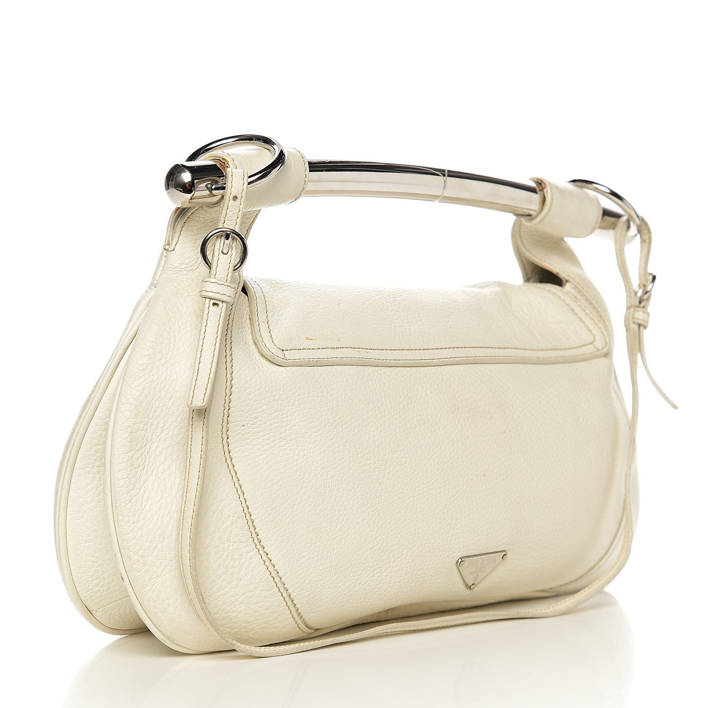 Vitello Daino Metal Bar Top Handle Shoulder Bag White