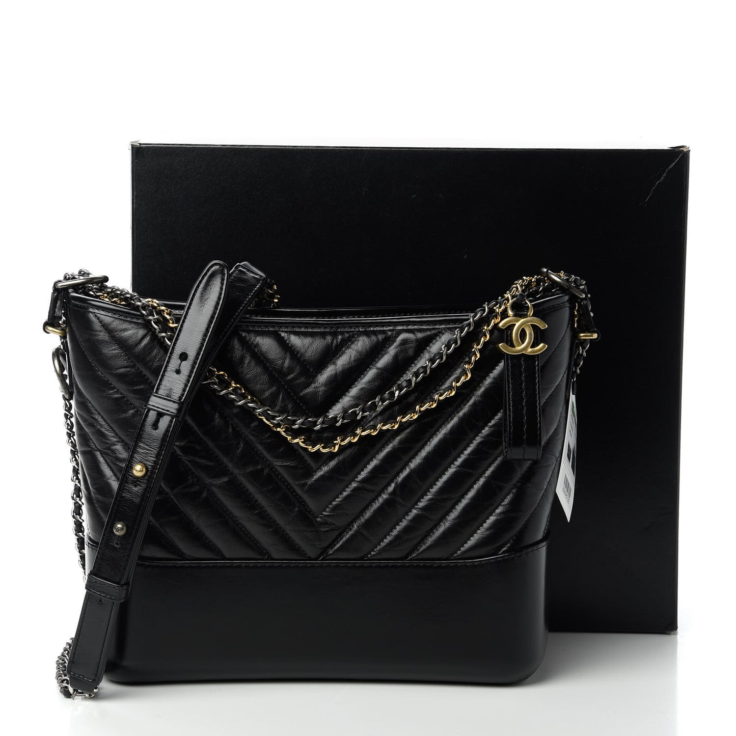 Aged Calfskin Chevron Quilted Medium Gabrielle Hobo Black