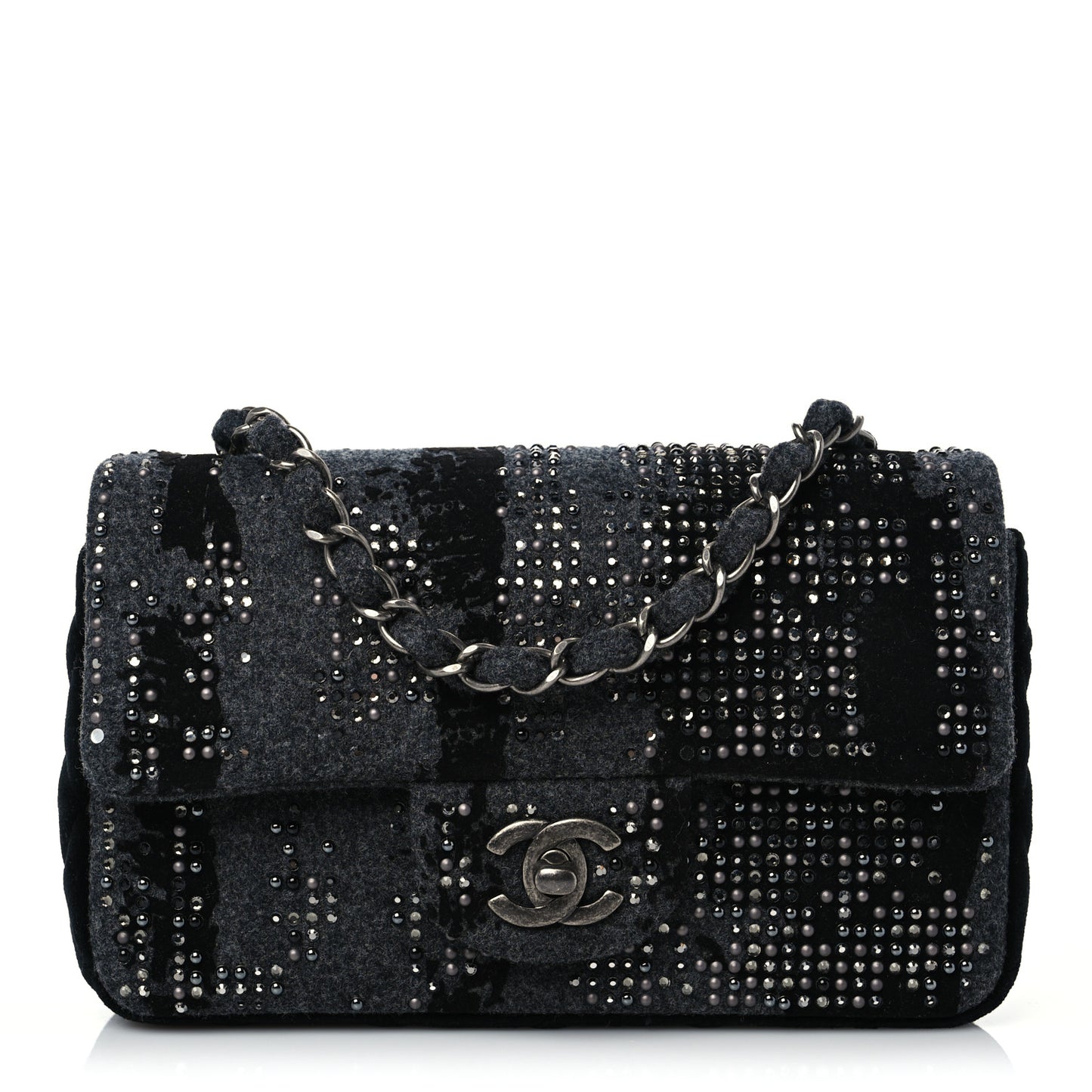 Wool Velvet Crystal Studded Mini Rectangular Flap Grey Black