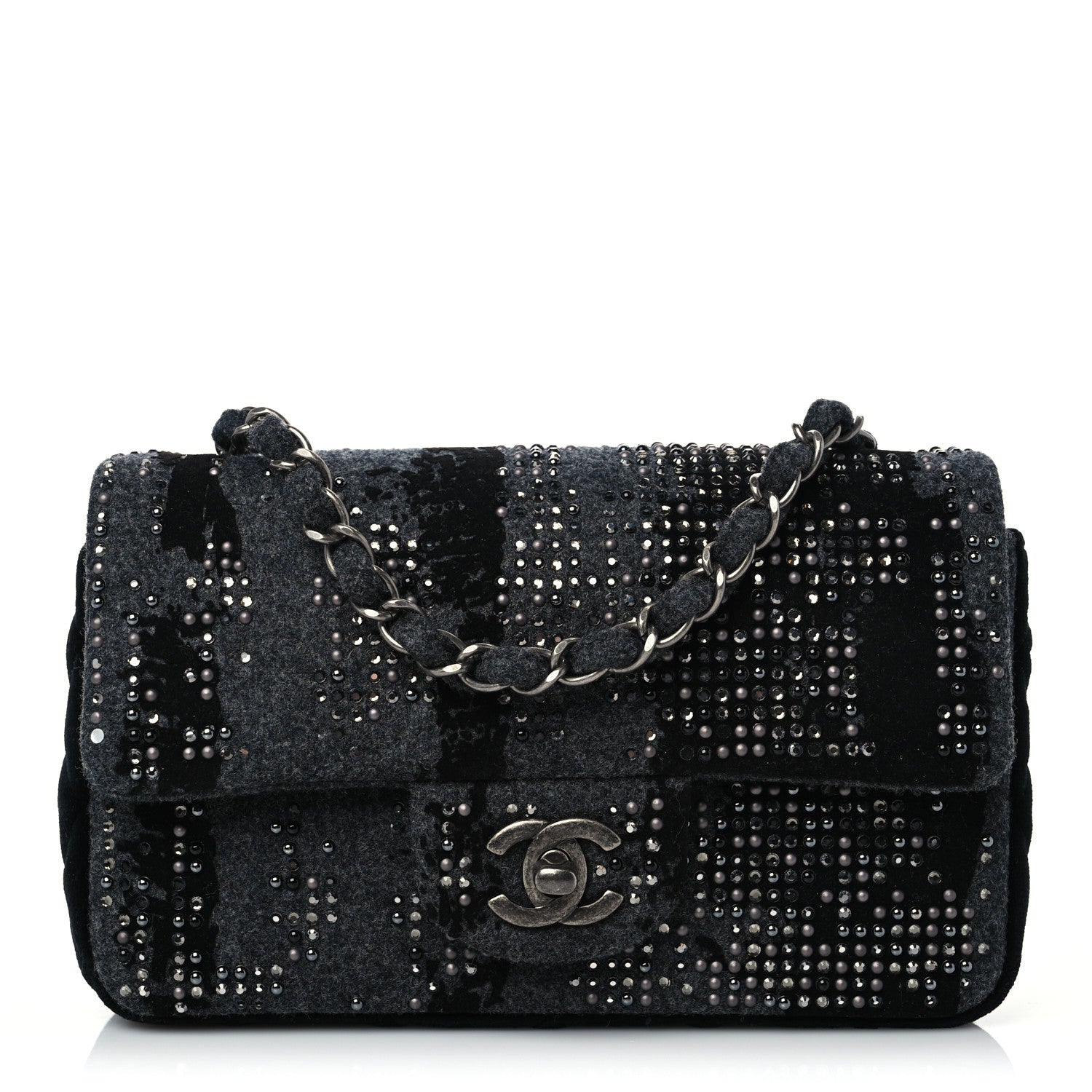Chanel Wool Velvet Crystal Studded Mini Rectangular Flap Grey Black 1 of 8
